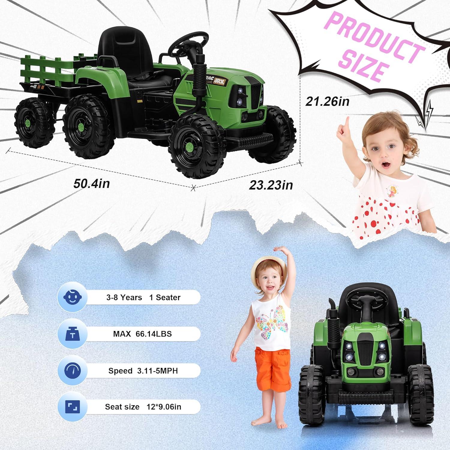 HNH 12V Ride on Tractor with Trailer,12V Battery Powered Electric Tractor Toy with Remote Control,Electric Car for Kids,Three Speed Adjustable,Power Display, Bluetooth,LED Light