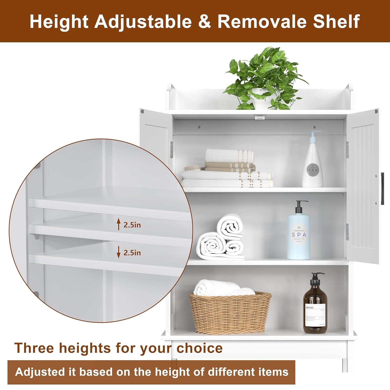 MUPATER Bathroom 67" Storage Cabinet Organizer with Shelves and Doors, Small Freestanding Toilet Shelf Space Saver with Anti-Tip Design and Adjustable Bottom Bar, White