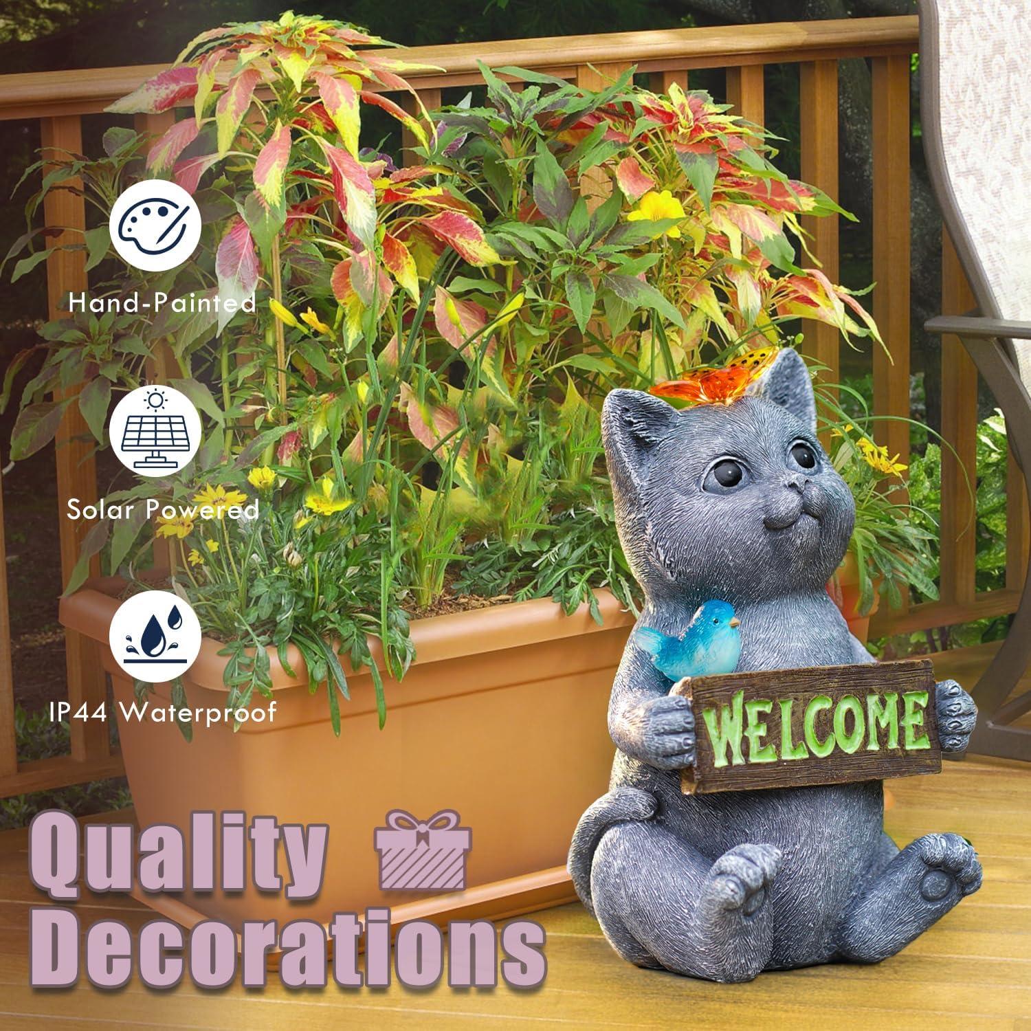 Trinx Solar Cat Figurine Garden Statues : Outside Welcome Cat Statue With Butterfly For Garden Decor And Yard Decorations - Unique Gifts