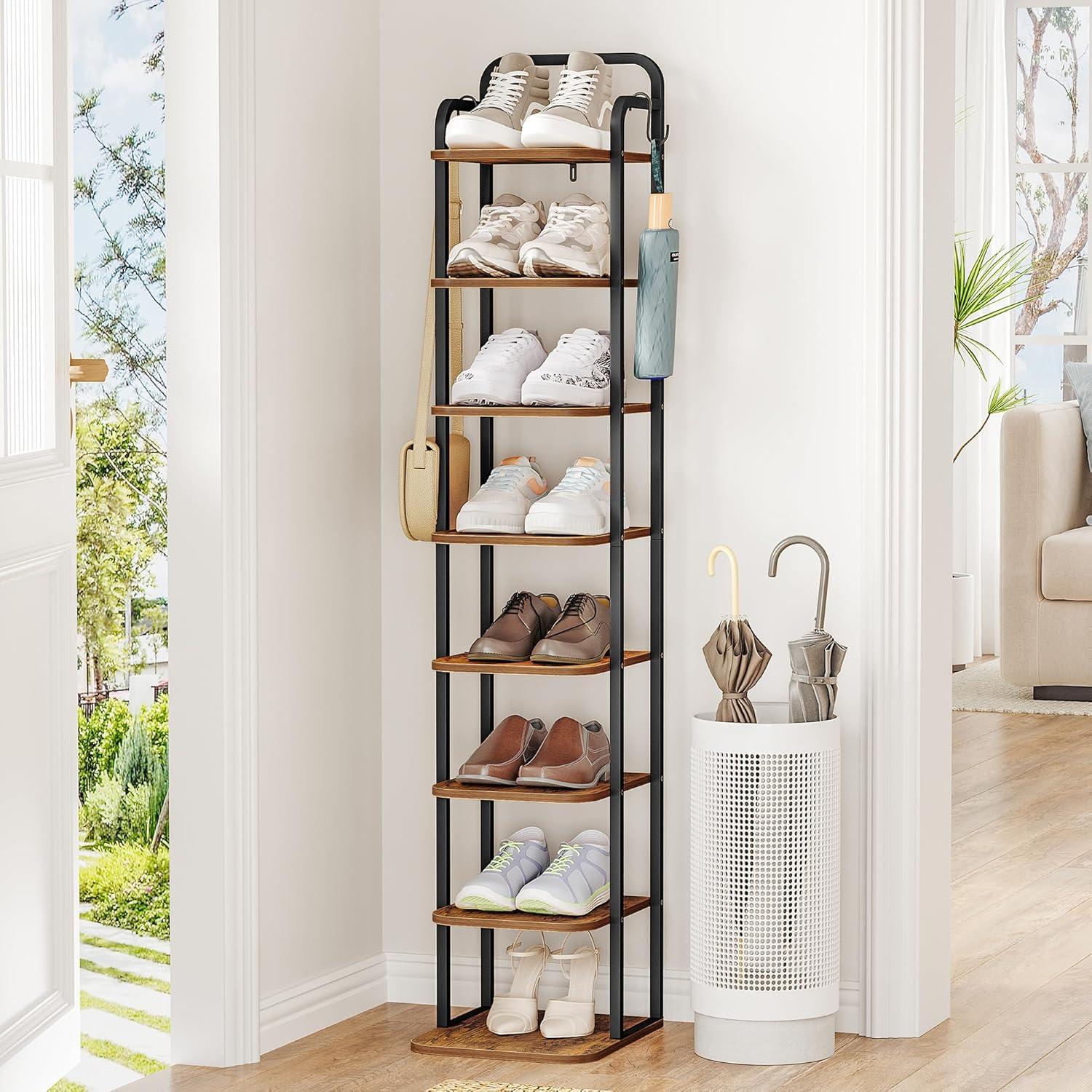 17 Stories Vertical Shoe Rack, Shoe Shelves, Wood Shoe Organizer For Closet, Entryway, Shoe Tower For Small Spaces, Free Standing, Adjustable, With 2 Hooks, 6 Tier Rustic Brown