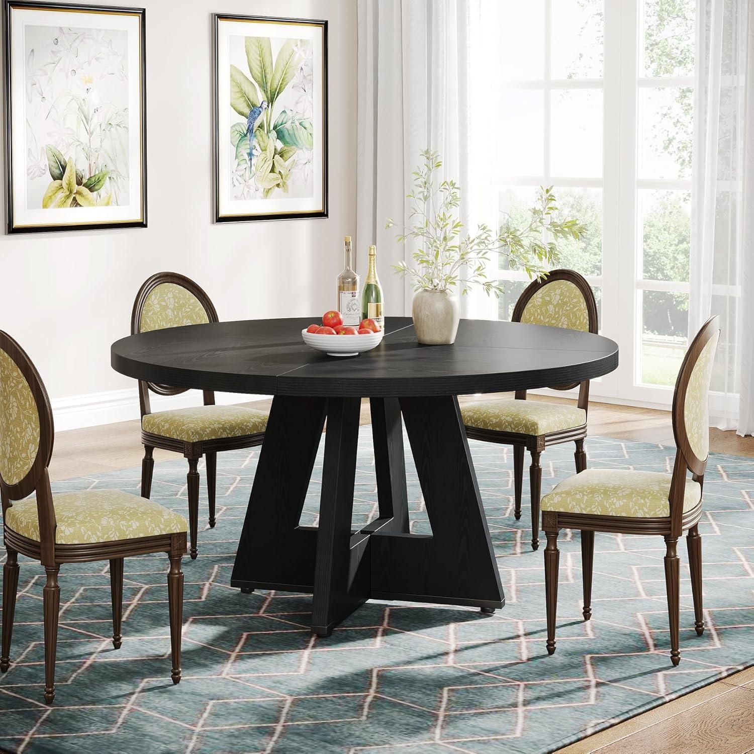 47-Inch Black Round Farmhouse Dining Table with Criss Cross Base