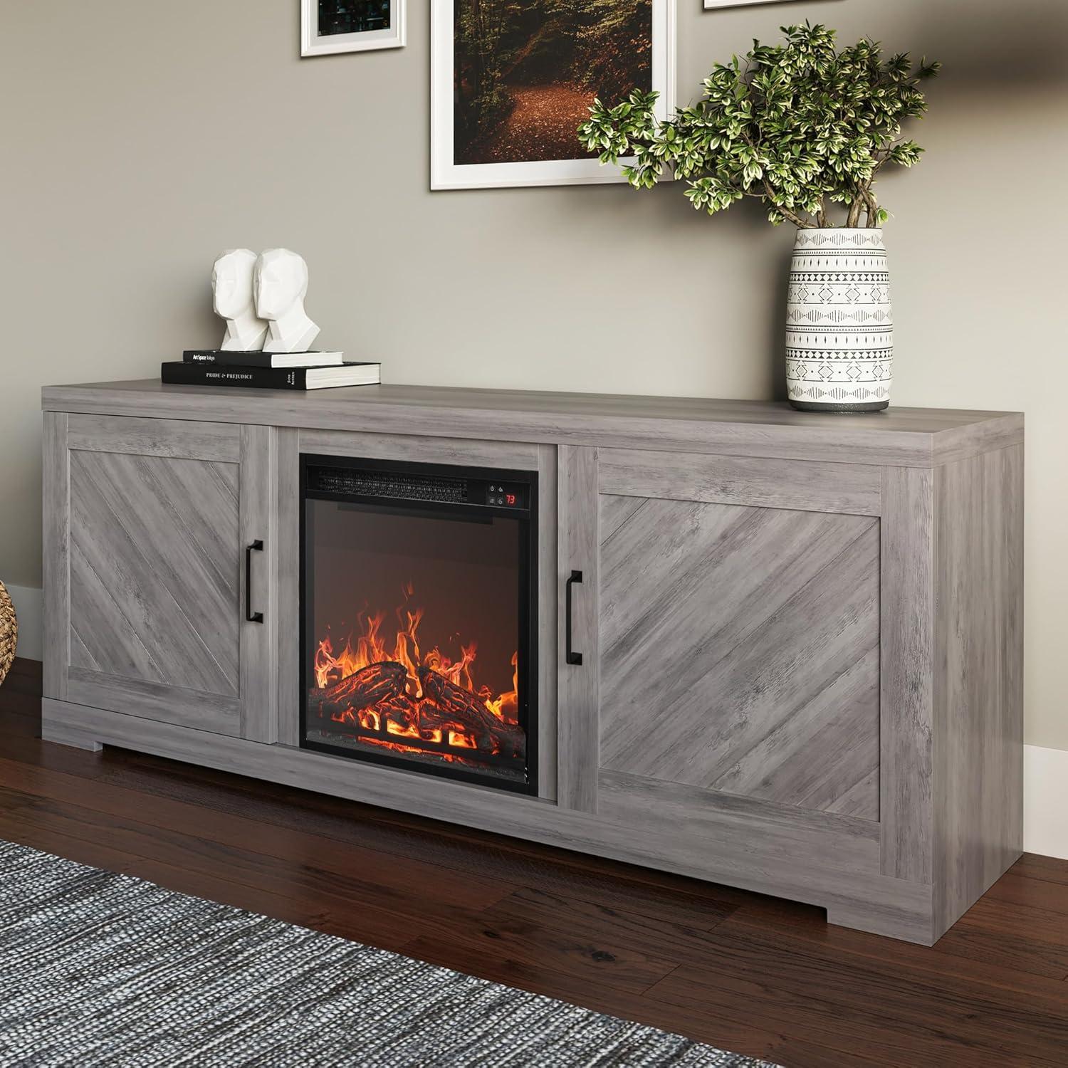 Gray Wash 58" Farmhouse TV Stand with Fireplace and Cabinets