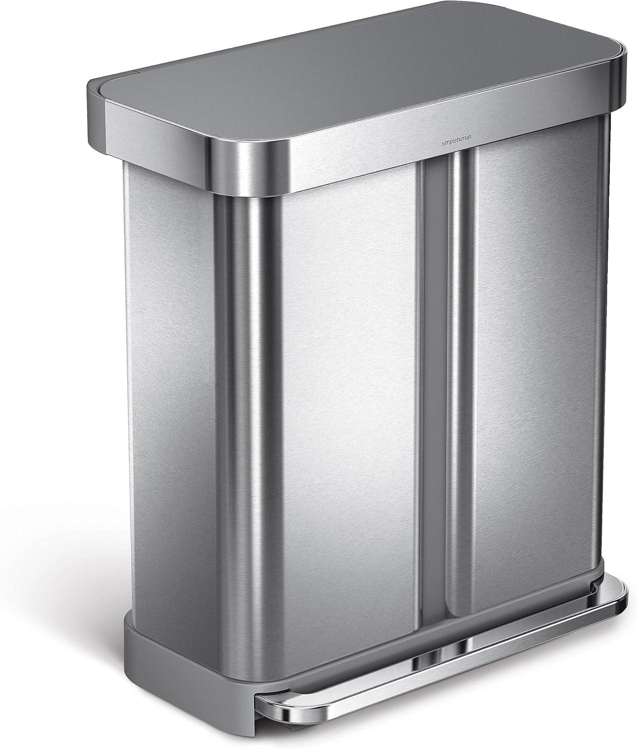 Simplehuman 58L / 15.3 Gallon Hands-Free Dual Compartment Recycling Kitchen Step Trash Can with Lid