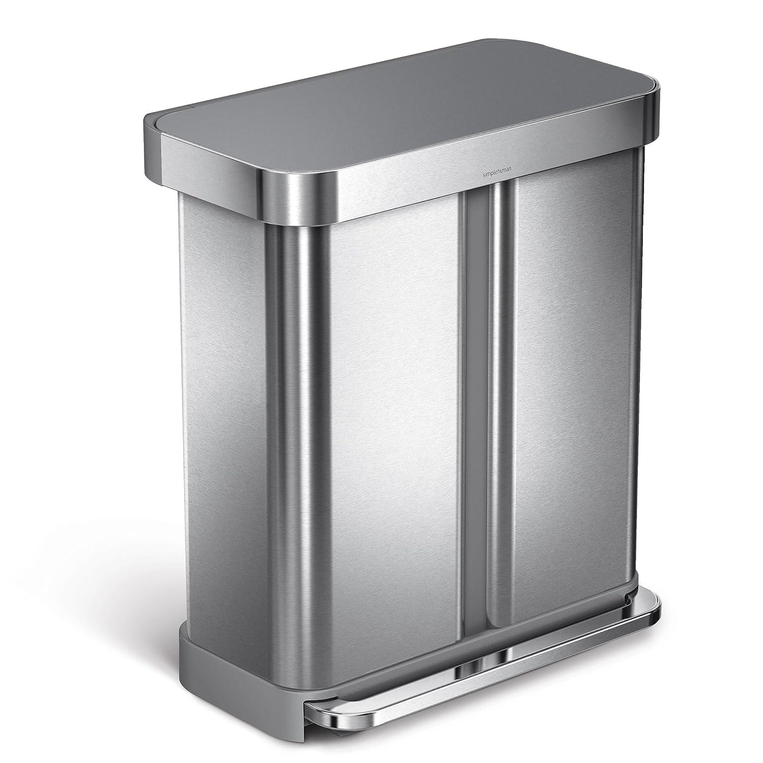 Simplehuman 58L / 15.3 Gallon Hands-Free Dual Compartment Recycling Kitchen Step Trash Can with Lid