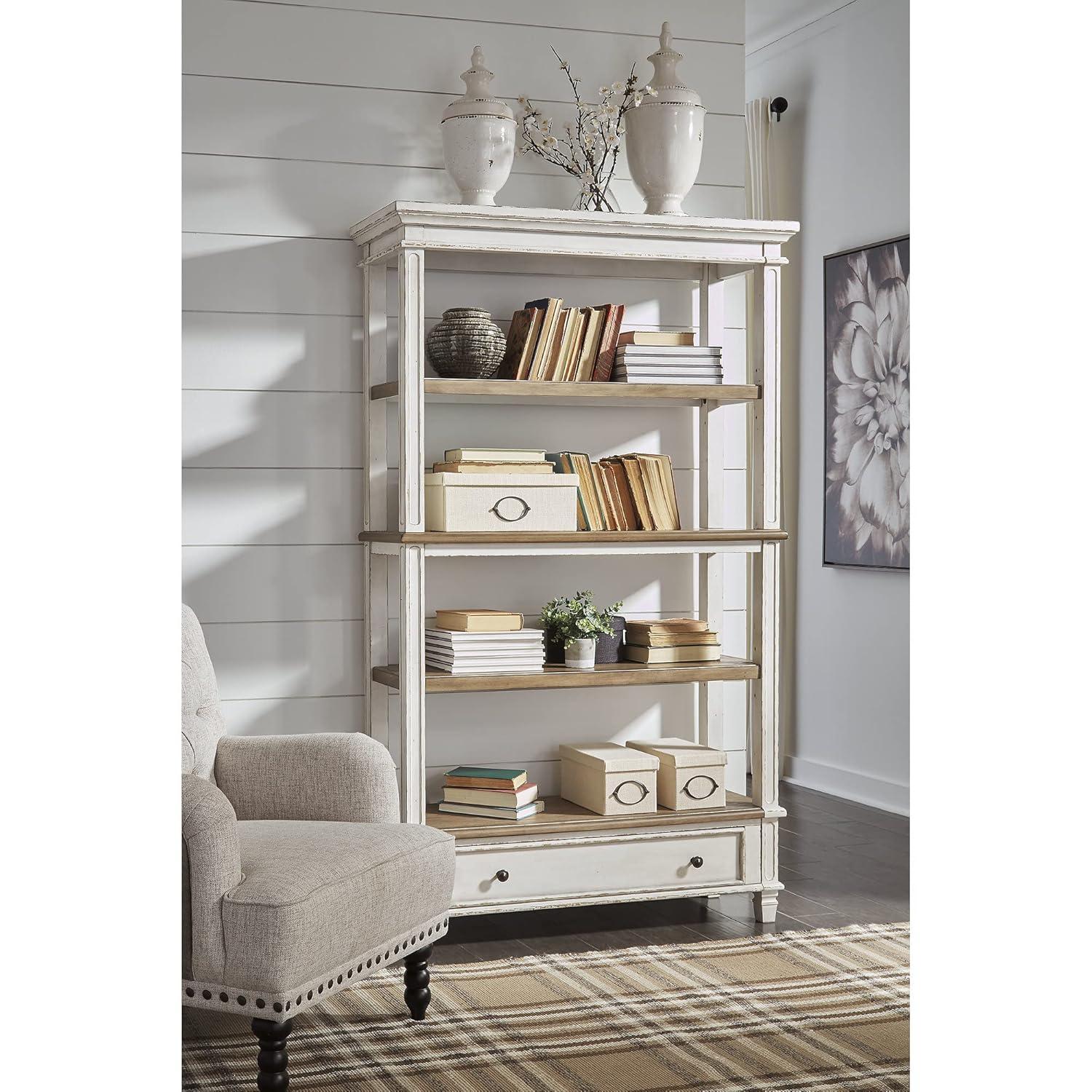 75" Realyn Bookshelf - Signature Design by Ashley: Cottage Style, Antiqued Two-Tone Finish, Open Shelves