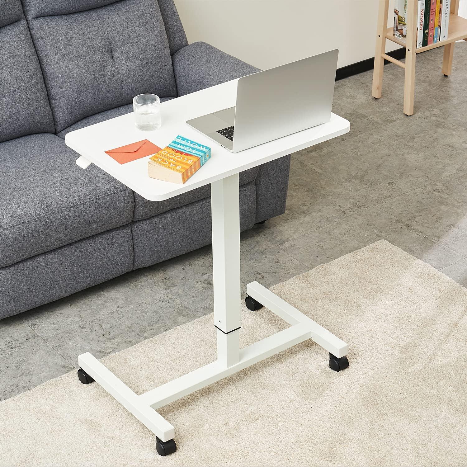 CLATINA Mobile Laptop Desk Pneumatic Sit to Stand Table Height Adjustable Rolling Cart with Lockable Wheels for Home Office Computer Workstation 28" x 19" White