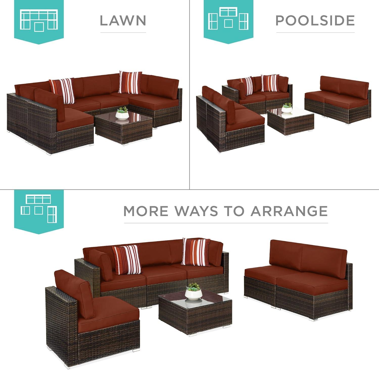 Best Choice Products 7-Piece Outdoor Modular Patio Conversation Furniture, Wicker Sectional Set - Brown/Dark Rust