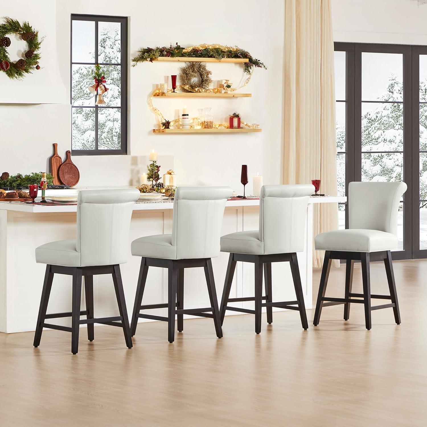 CHITA 26 in Upholstered Swivel Counter Bar Stools with Back&Wood Legs Set of 2, Faux Leather in Creamy Gray