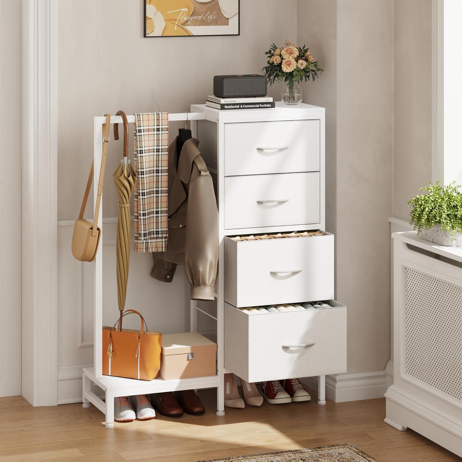 Dresser with Hanging Rack, 4 Drawers Small Closet for Bedroom, Reversible Fabric Chest of Drawers with Clothes Rack, Tall Storage Tower, Sturdy Frame, White, 44''H