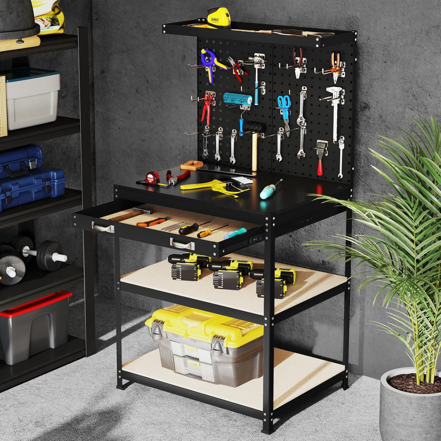Topcobe 32 x 16 Inch Workbench Work Table with 2 PCs Pegboard Drawer and Shelves, Modern Furniture for Indoor-Black