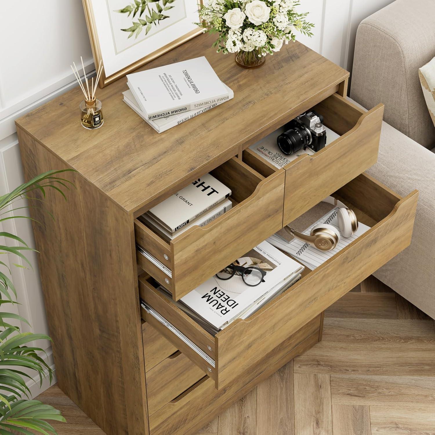Homfa Dresser for Bedroom, Wood Storage Chest of 5 Drawers with Cutout Handles for Living Room, Rustic Brown