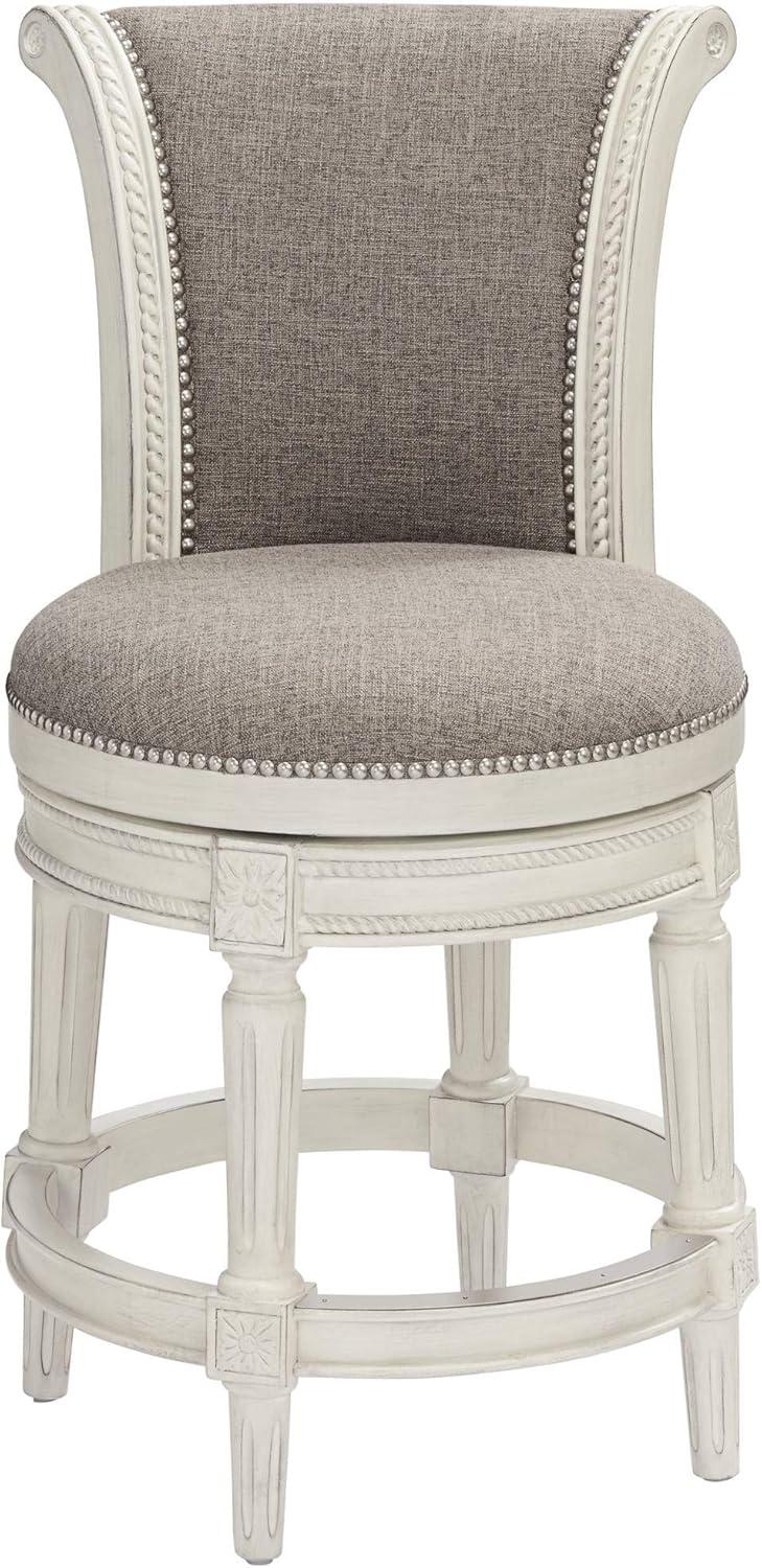 55 Downing Street Oliver Wood Swivel Bar Stool White 24 1/2" High Traditional Scroll Pewter Round Cushion with Backrest Footrest for Kitchen Counter