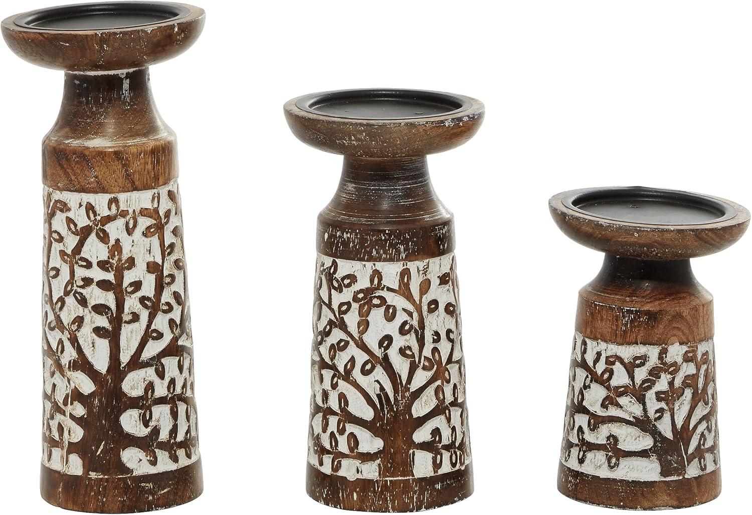 DecMode 3 Candle Brown Mango Wood Handmade Candle Holder, Set of 3