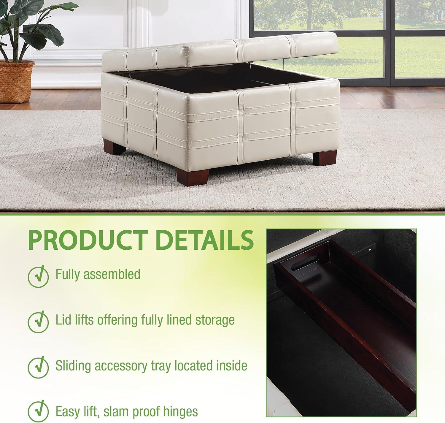 Detour Strap Square Storage Ottoman in Cream Faux Leather