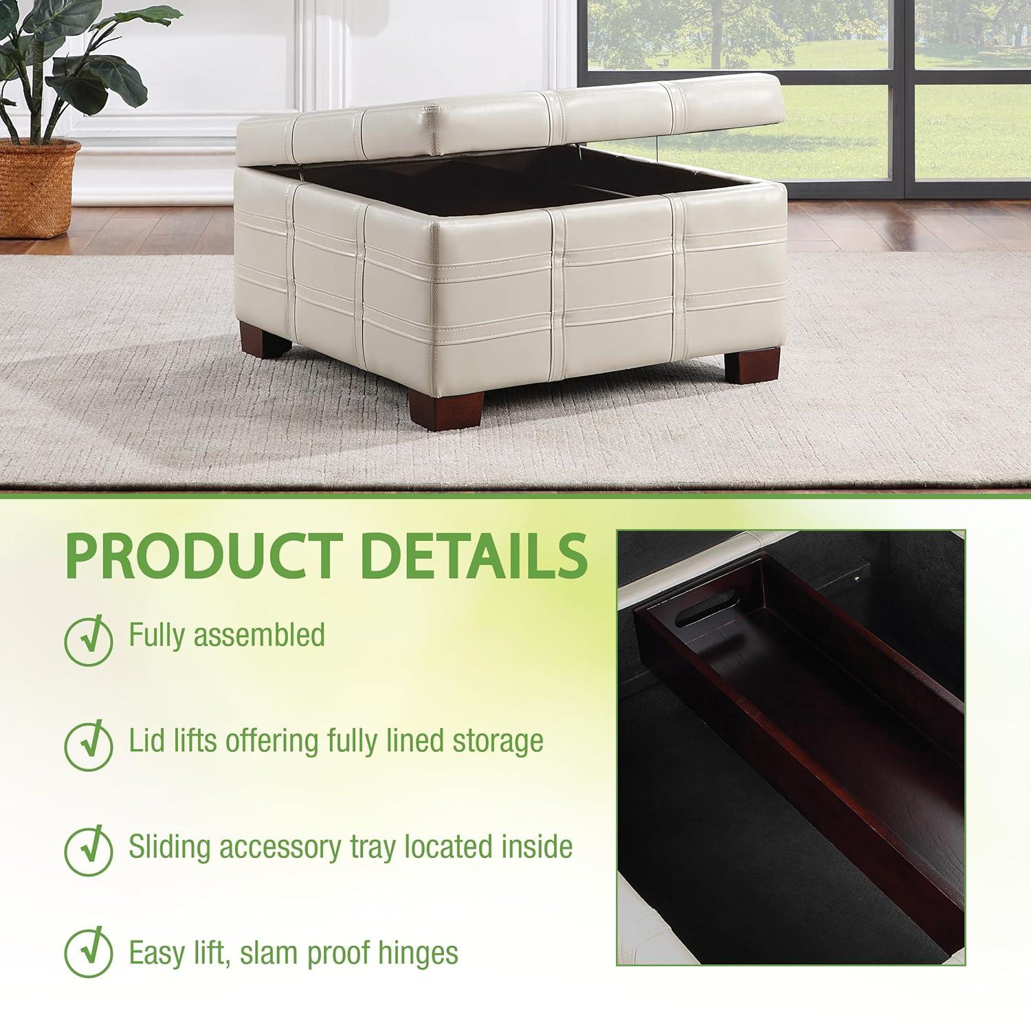 Detour Strap Square Storage Ottoman in Cream Faux Leather