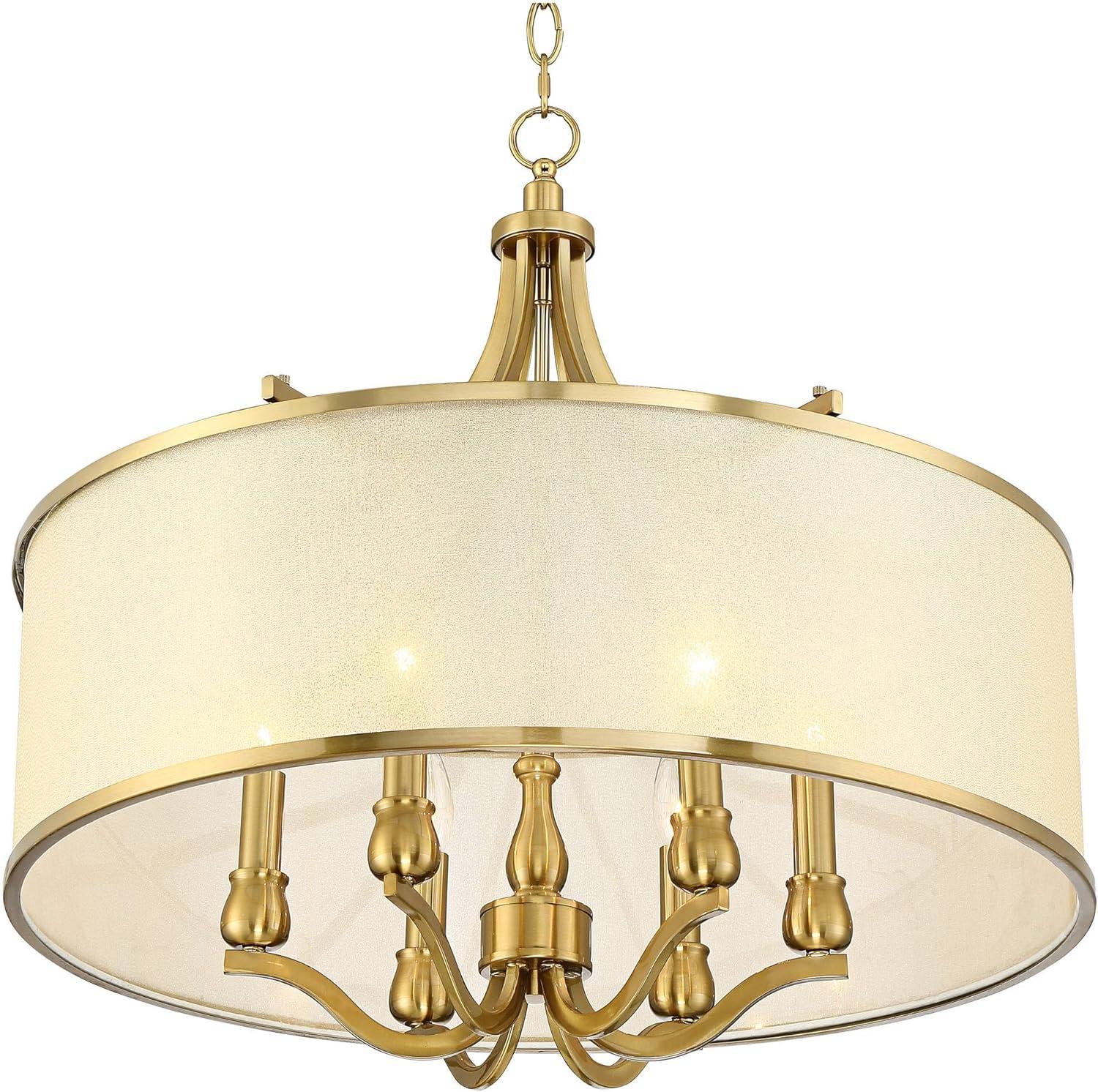 Possini Euro Design Sydney Warm Brass Drum Chandelier 25" Wide Modern Clear Gold Organza Shade 6-Light Fixture for Dining Room House Kitchen Island