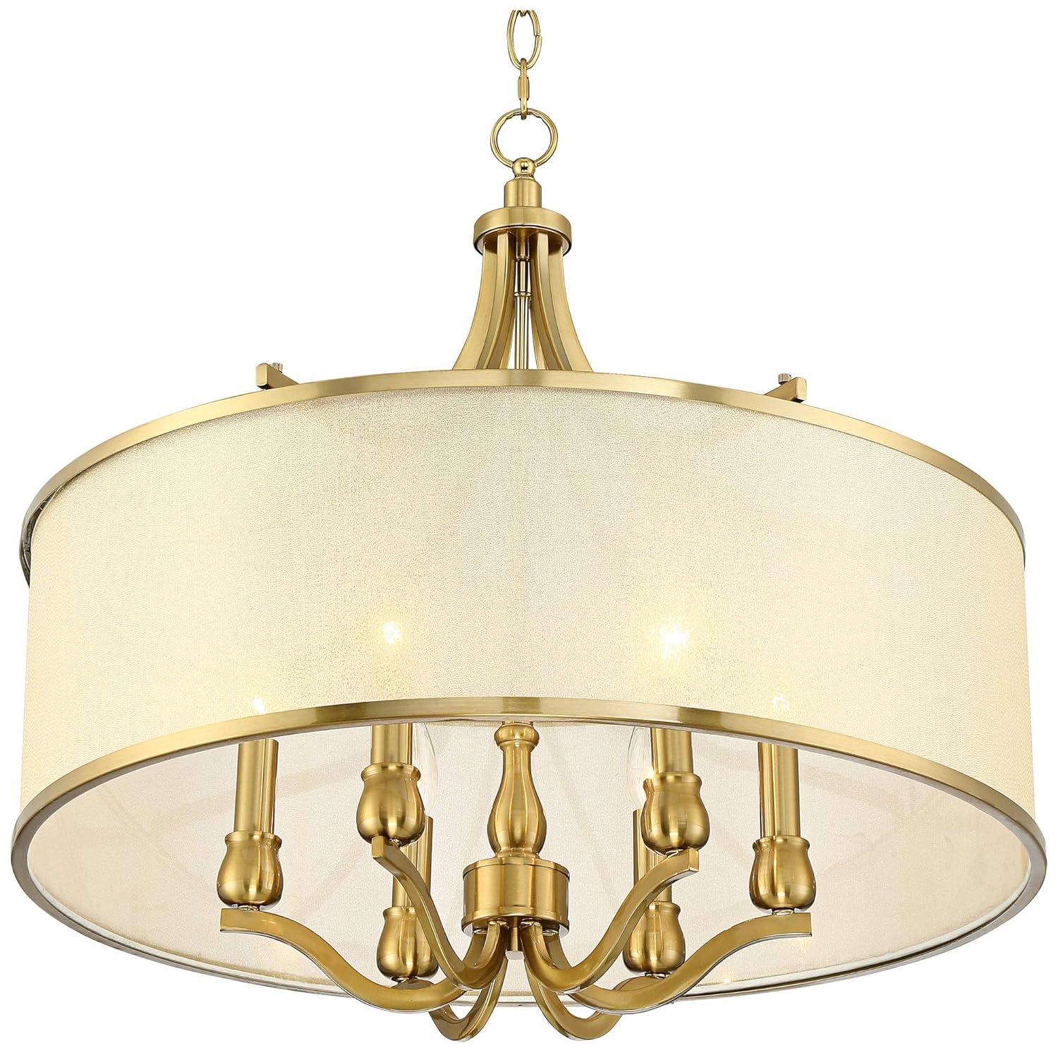 Possini Euro Design Sydney Warm Brass Drum Chandelier 25" Wide Modern Clear Gold Organza Shade 6-Light Fixture for Dining Room House Kitchen Island