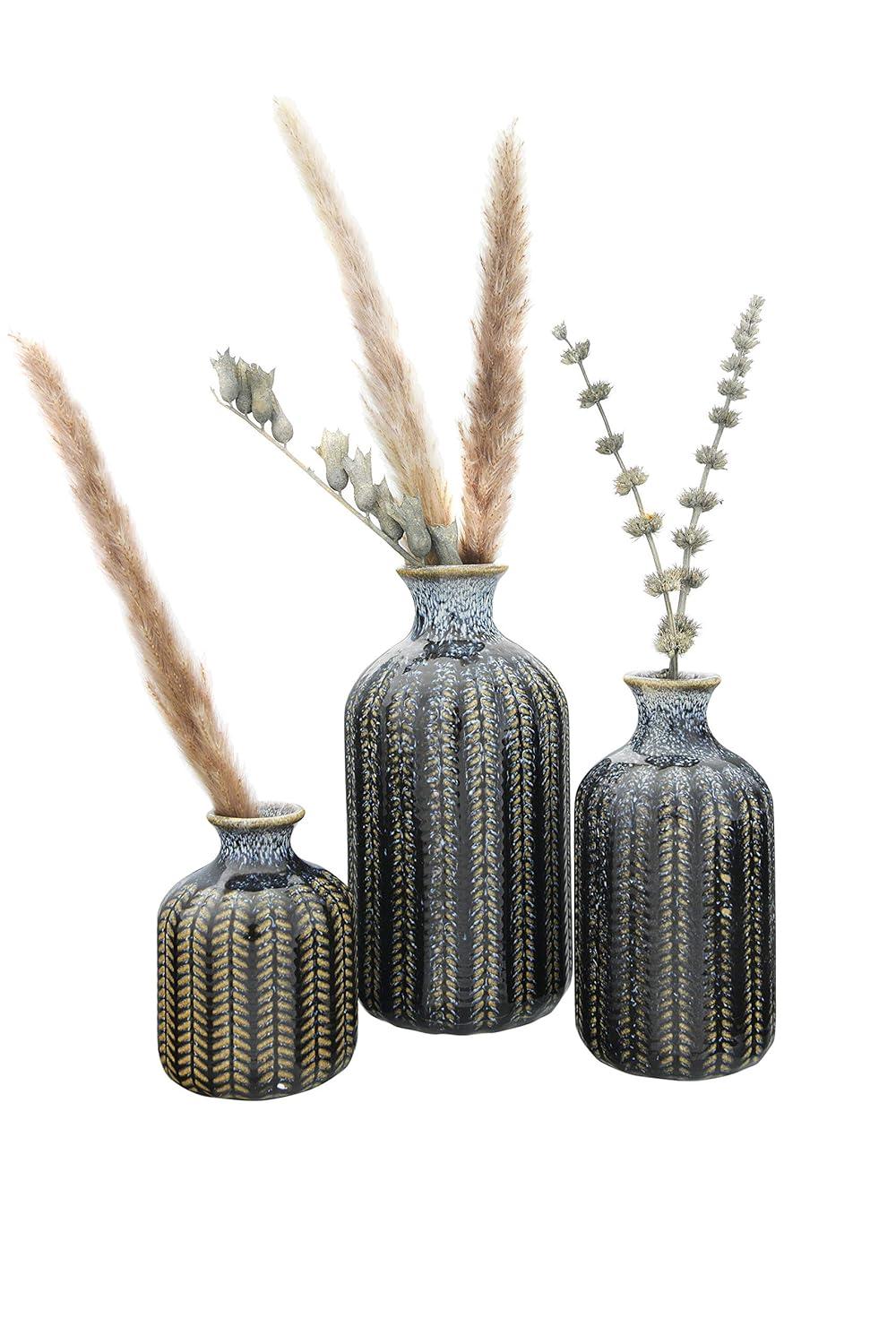 Creative Co-Op Round Embossed Stoneware Vase with Vertical Lines and Reactive Glaze Finish, Blue, Set of 3