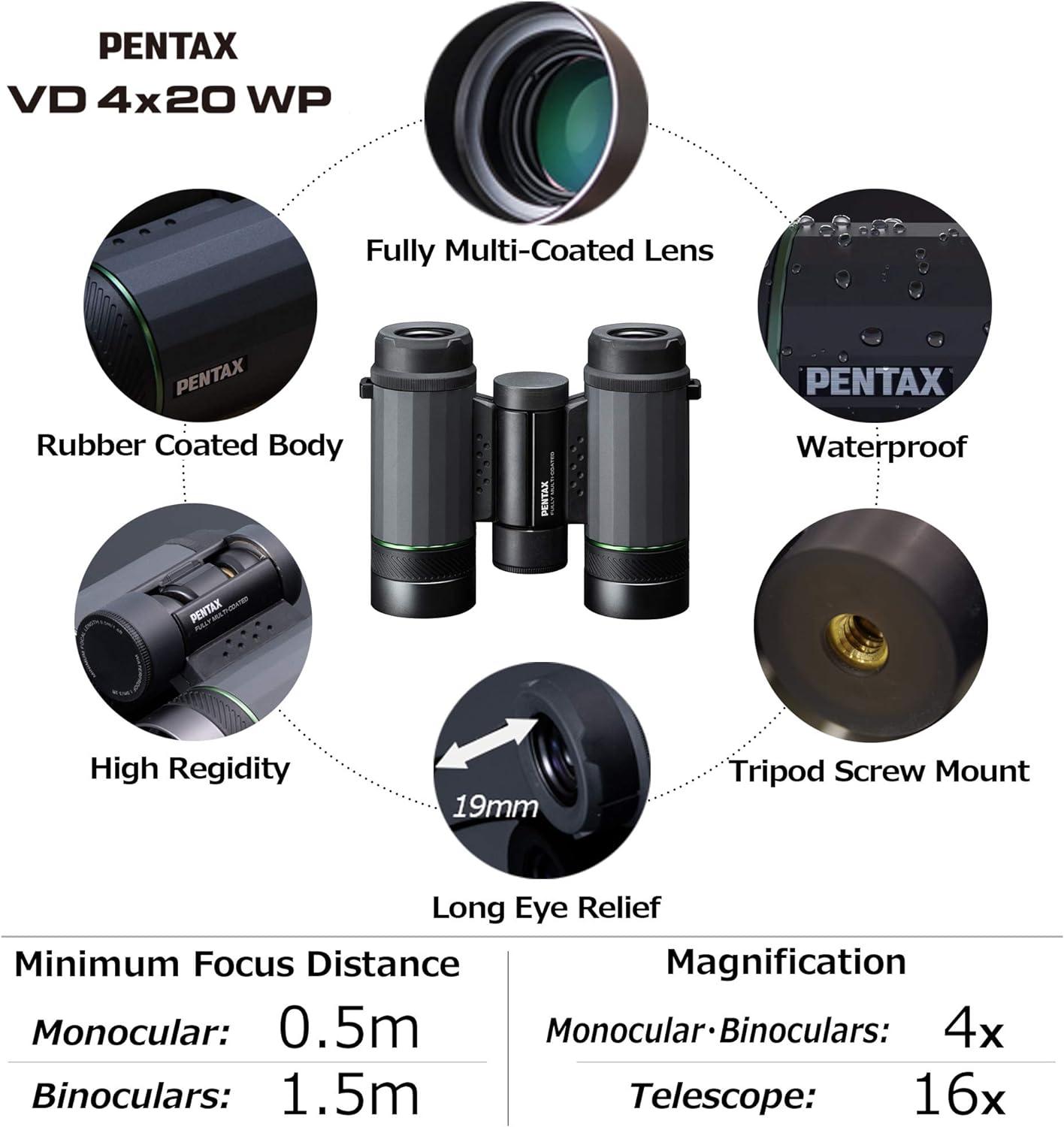 Pentax VD 4x20 WP Black Water Resistant 3-in-1 Binoculars