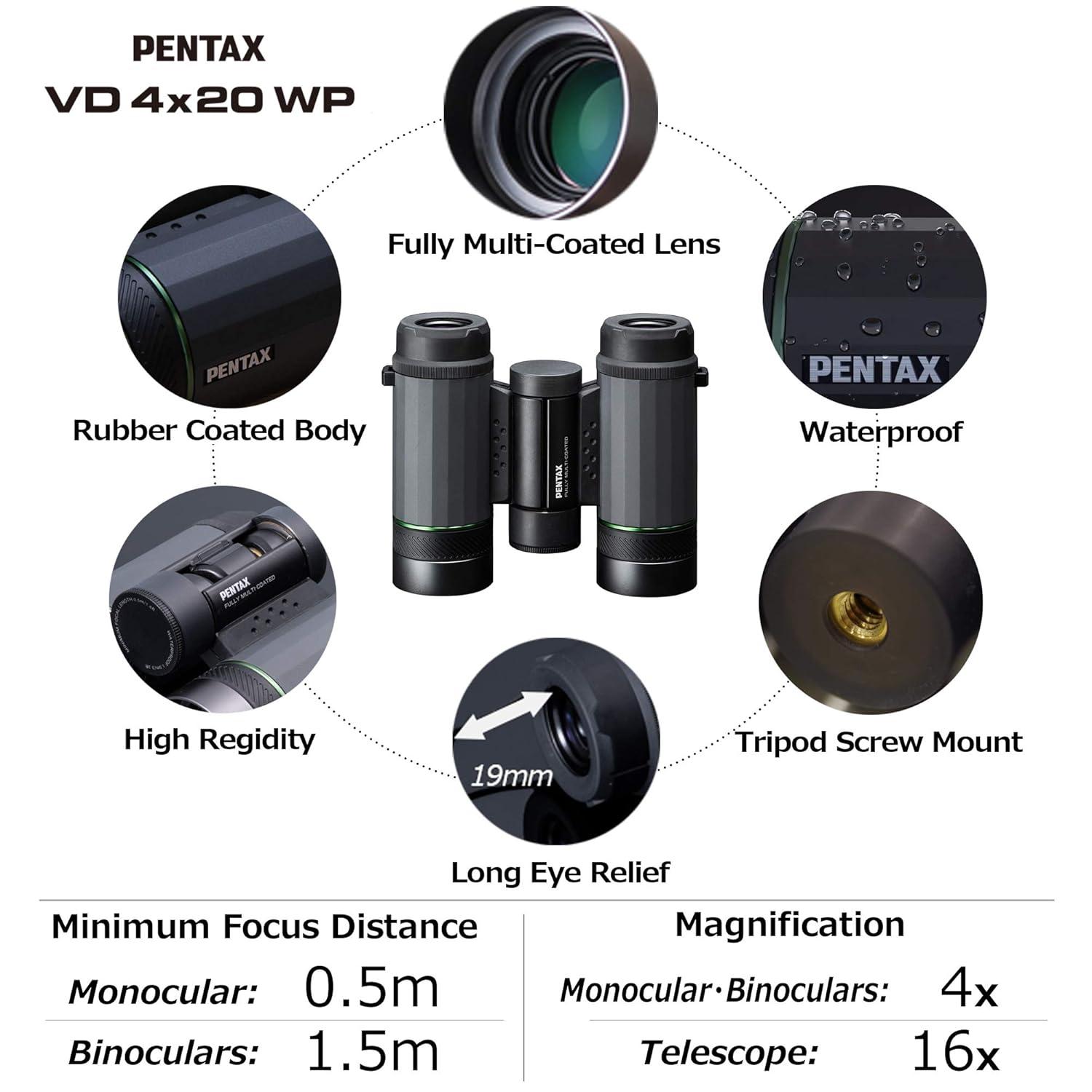 Pentax VD 4x20 WP Black Water Resistant 3-in-1 Binoculars