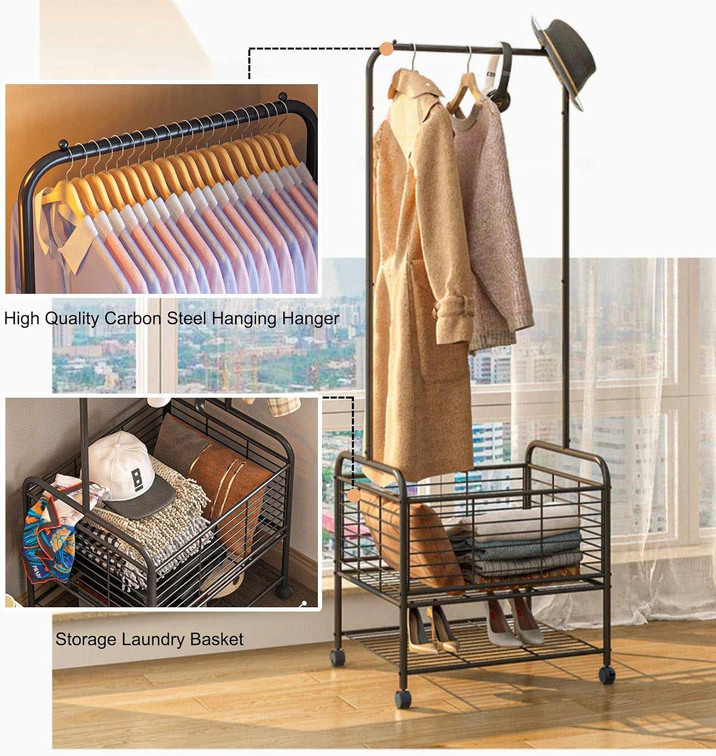 Laundry Cart with Wheels and Hanging Rack, Garment Rack with Storage Shelves and Coat/Hat Hanging Hooks, Rolling Laundry Basket for Laundry Bedroom Hallway, Black