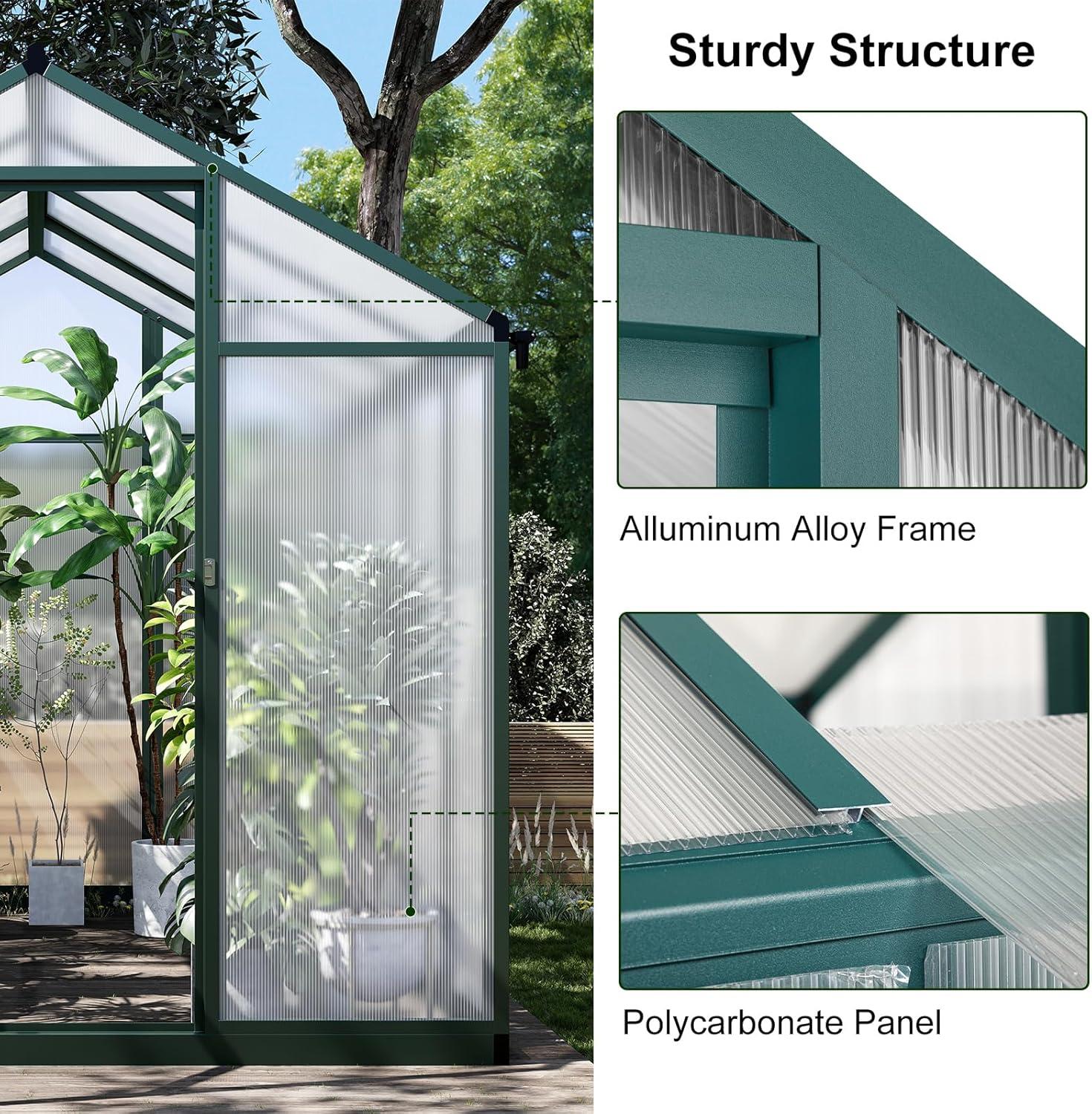6.25 x 6 Ft Greenhouse for Outdoors, Aluminum Alloy & Polycarbonate Green House with Windows Vent, for Patio, Backyard, Garden,Green