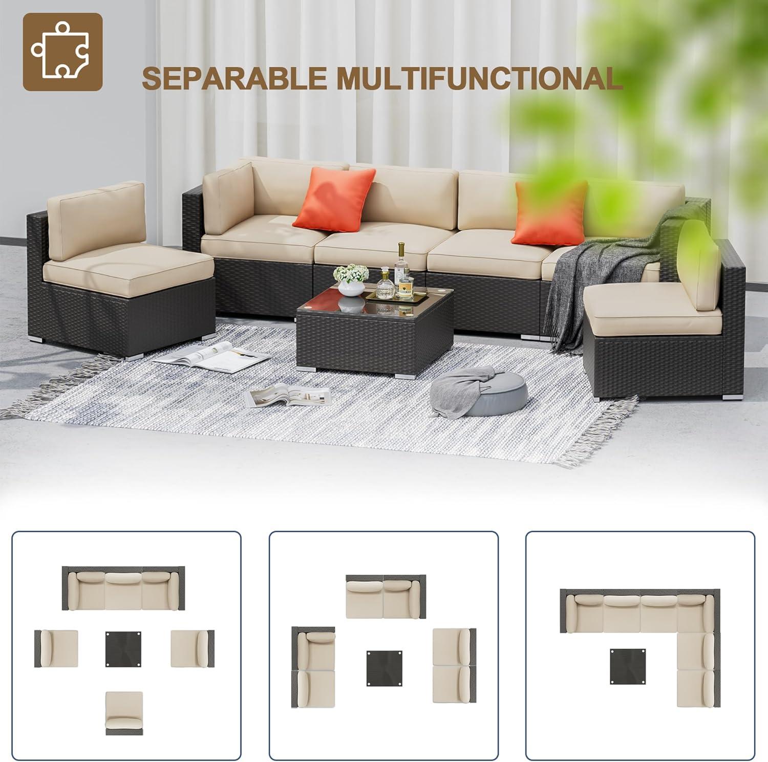 6-Person Brown Wicker Outdoor Sectional Sofa with Glass Table