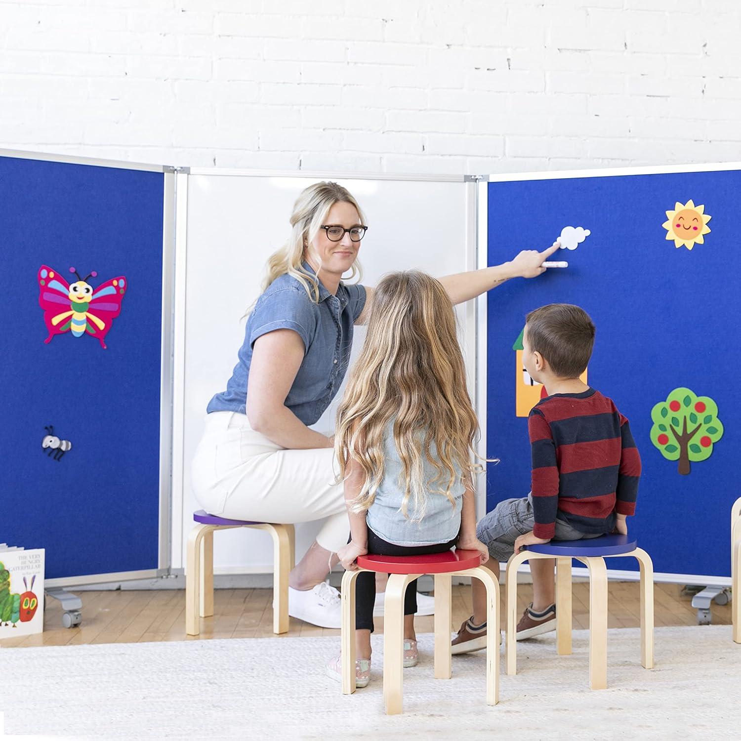 Blue and White 3-Panel Mobile Dry-Erase and Felt Room Divider