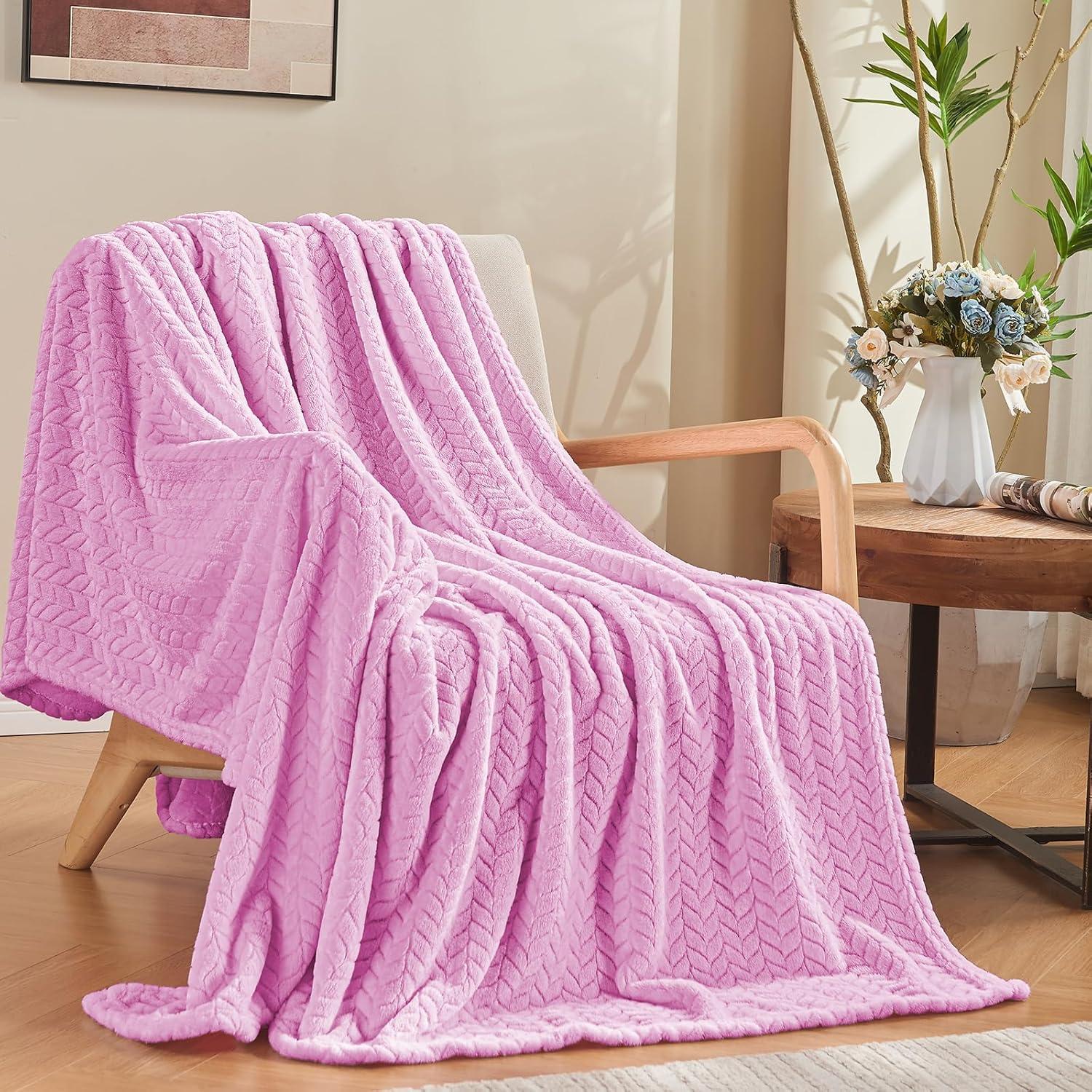 Plush Flannel Blanket, Soft and Warm Bed Blanket with Striped Texture, 50x60 Inches, Light Purple - NTBAY