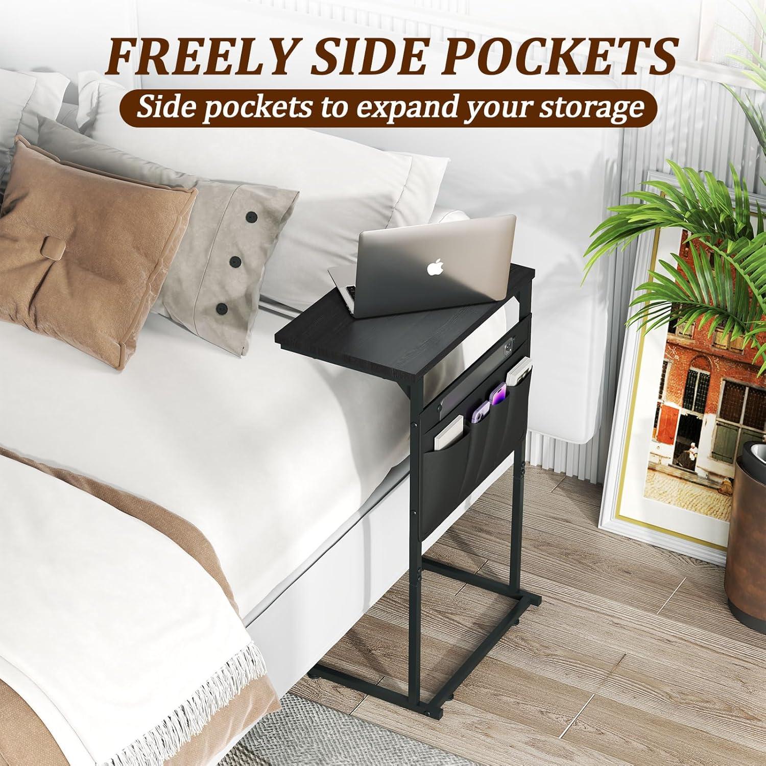 C-Shaped Side Table, Small End Table with Storage Bag, Couch Side Table with Sturdy Frame, Sturdy Slide Under Sofa Table, TV Tray Table for Living Room, Bedroom, Rustic Brown and Black BF40SF01