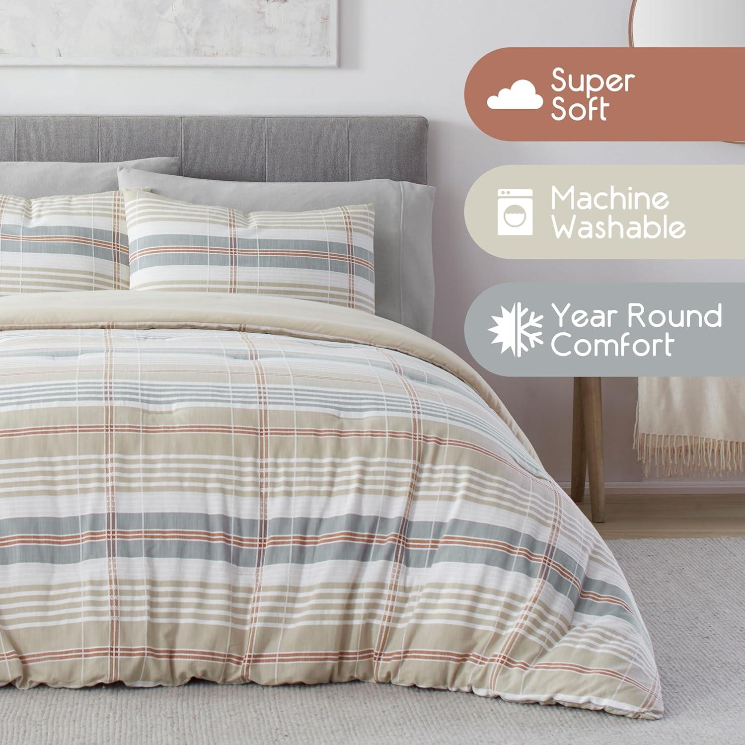 Vellux Oslo Plaid King Comforter Set, 3-Piece, 100% Cotton, Soft & Lightweight, 108x94, Taupe