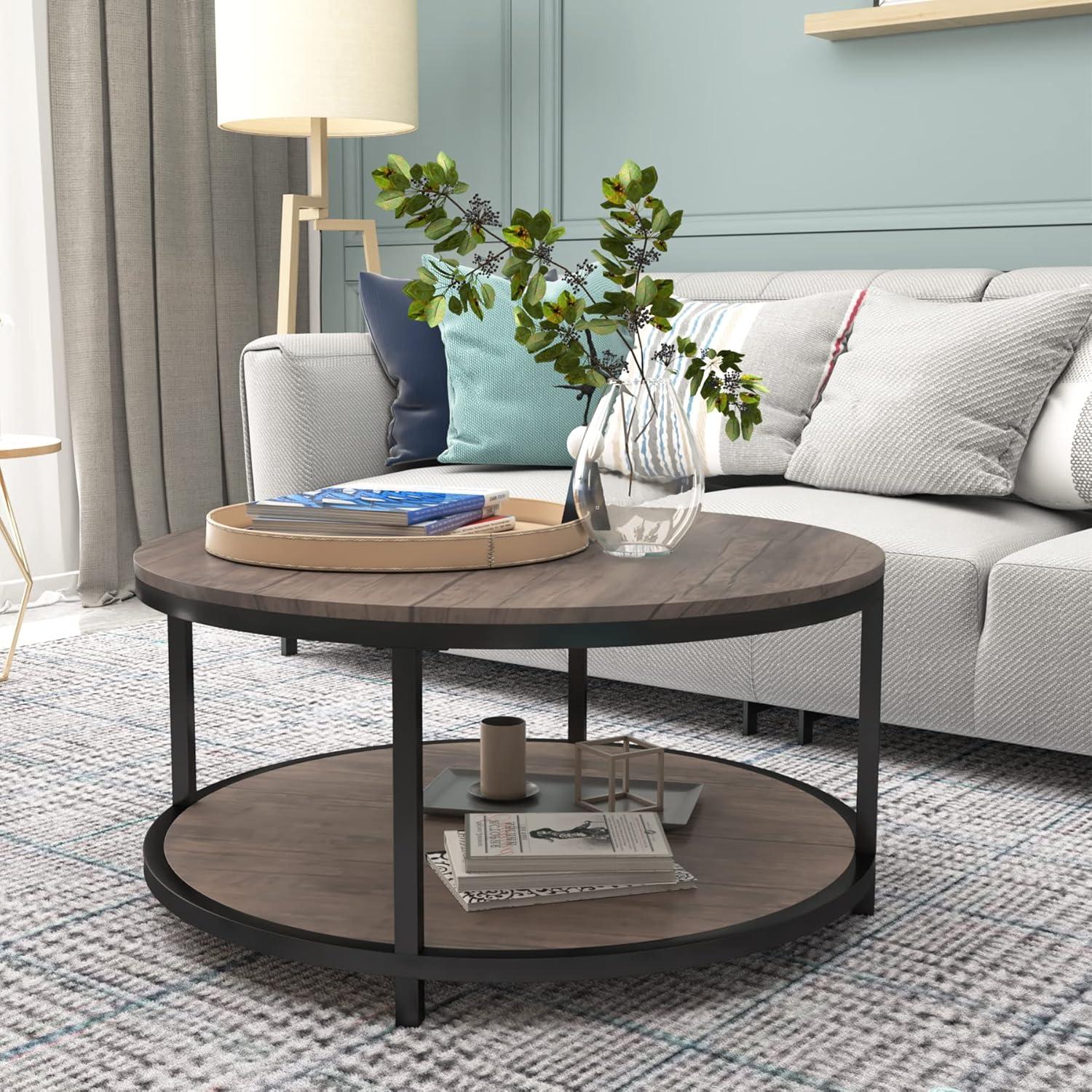 Round Light Walnut Wood Coffee Table with Storage Shelf