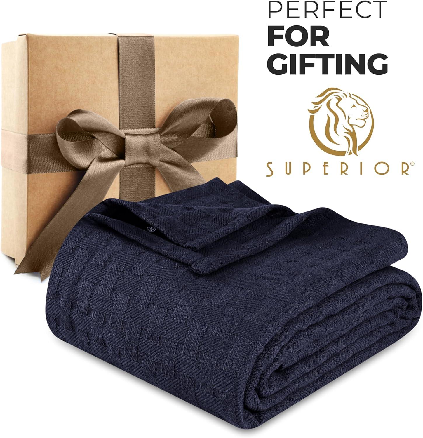 Superior Basketweave All-Season Cotton Blanket, Non-Standard, Navy Blue