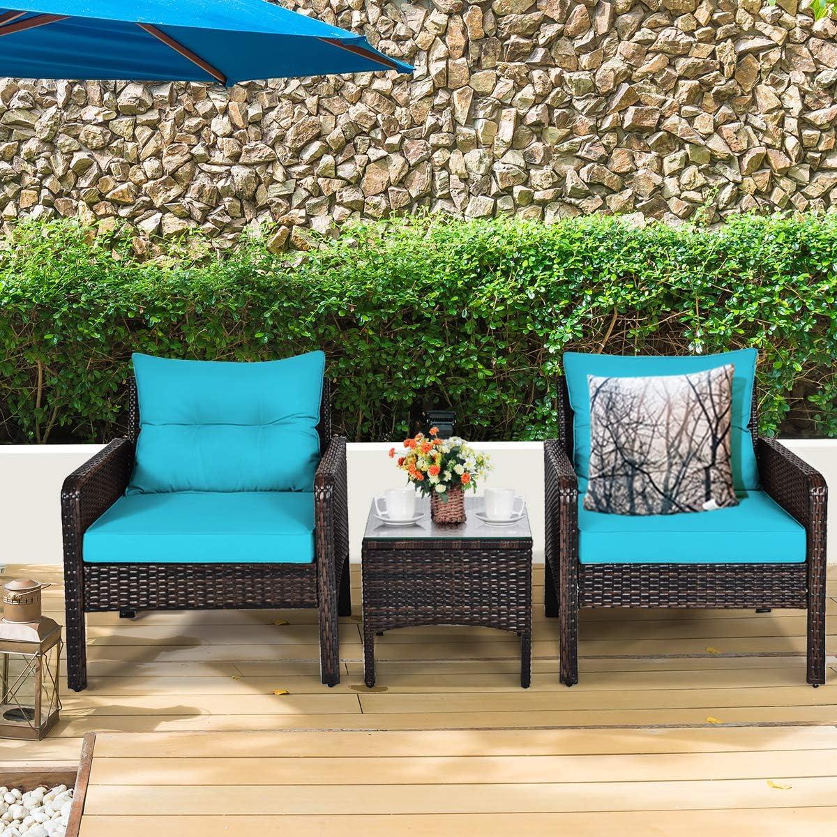 YYAo Garden Conversation Table Set, Conversation Loveseat Chairs Set, 3 Pcs Outdoor Patio Rattan Conversation Set with Seat Cushions-Turquoise