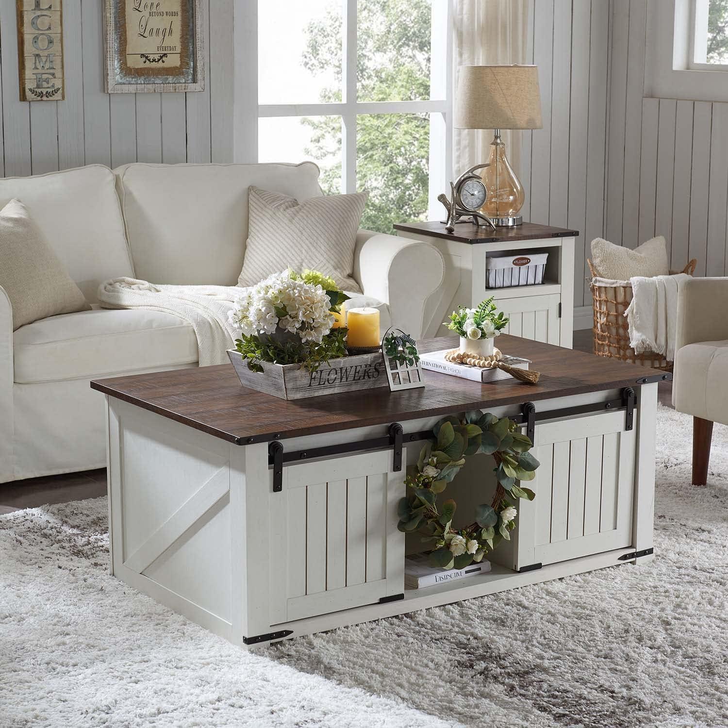 47.3" Lift Top Coffee Table, Farmhouse Coffee Table for Living Room, White Lift Top Coffee Table with Large Hidden Storage Compartment and Sliding Barn Doors, White