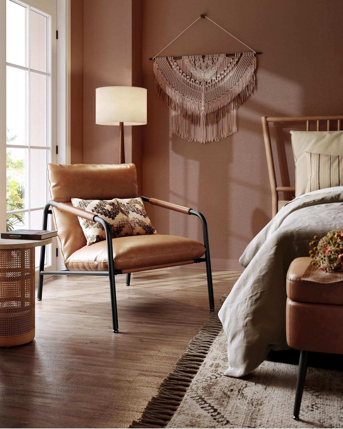 Caramel Brown Faux Leather and Metal Accent Chair