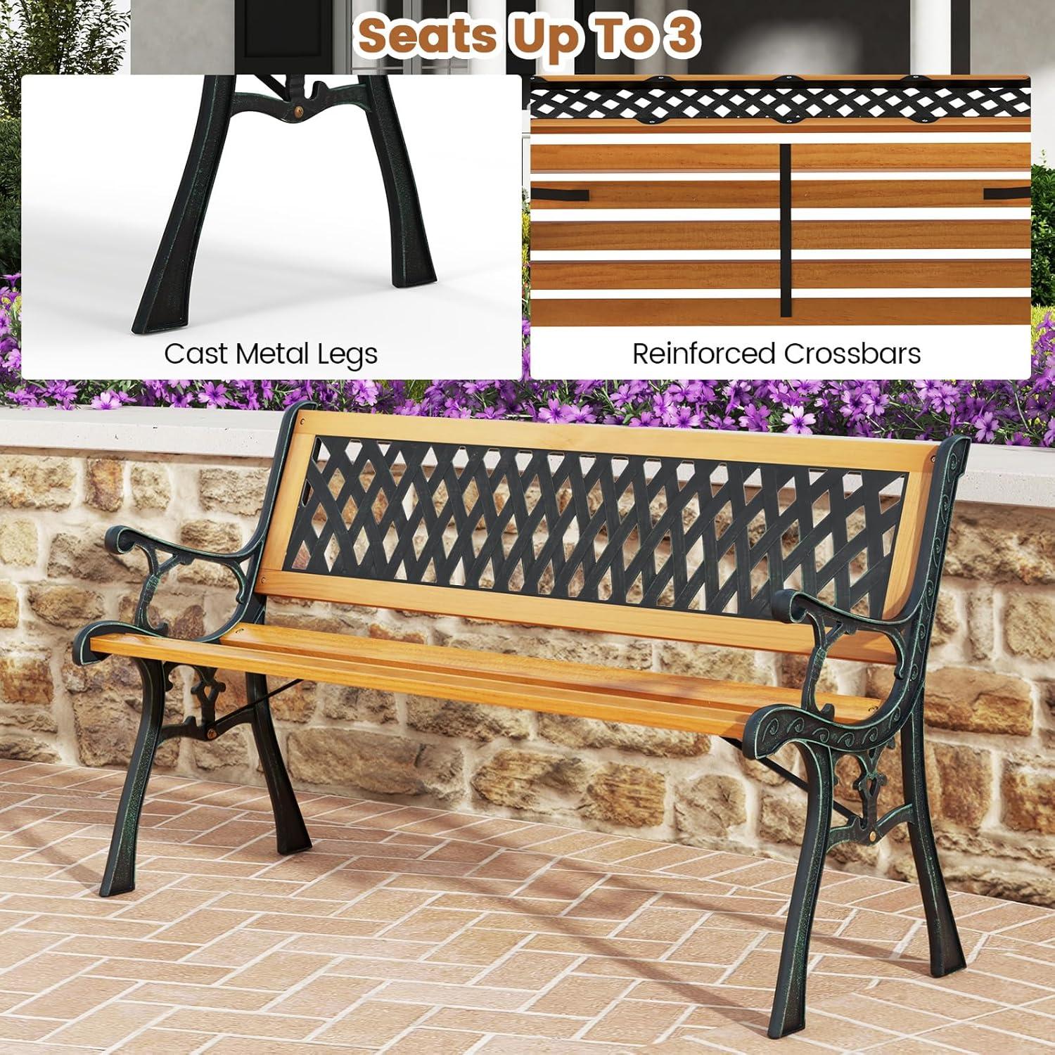 Natural Hardwood and Black Cast Iron Outdoor Garden Bench