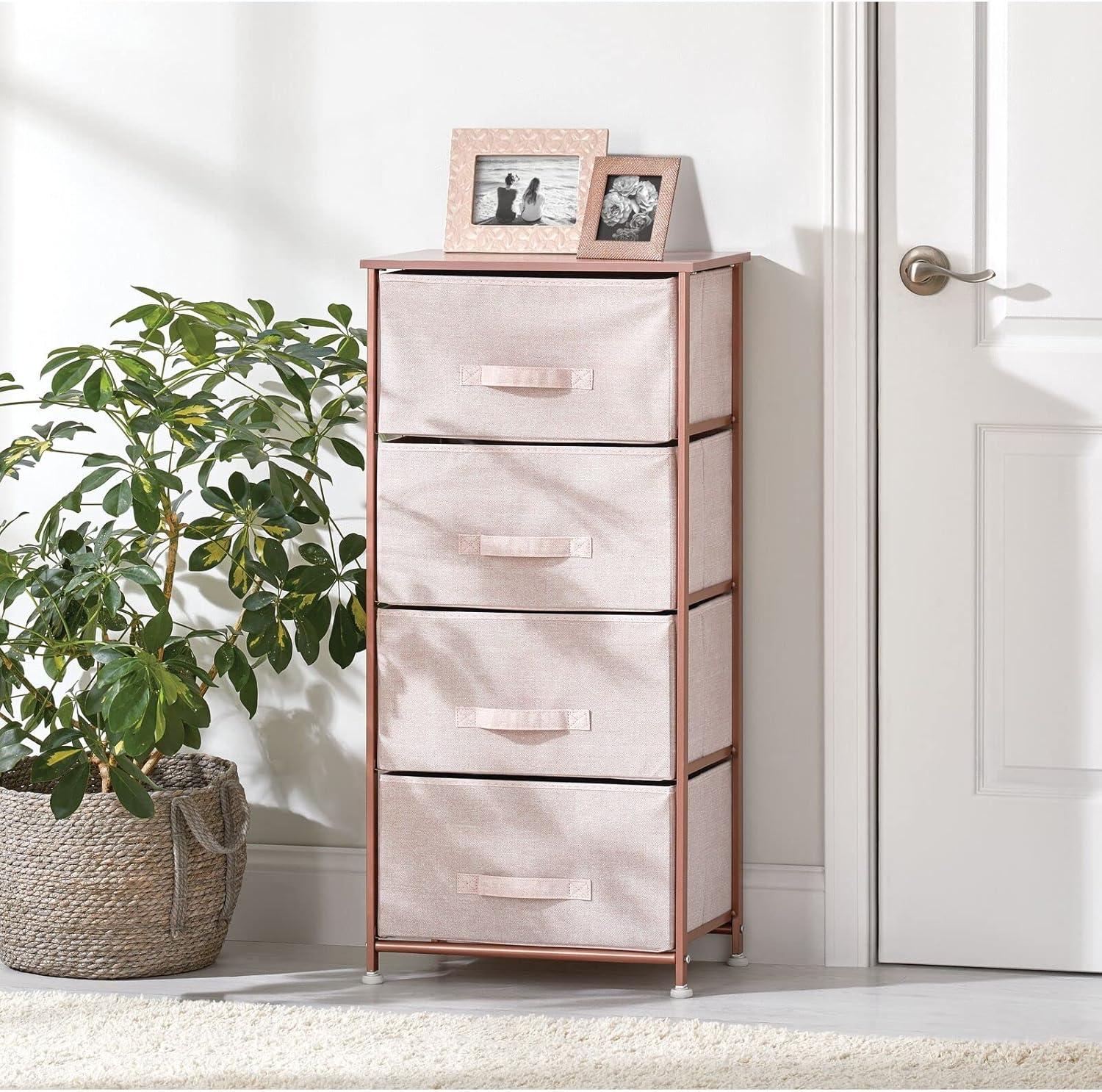 mDesign Tall Dresser Storage Tower Stand, 4 Fabric Drawers - Lt. Pink/Rose Gold