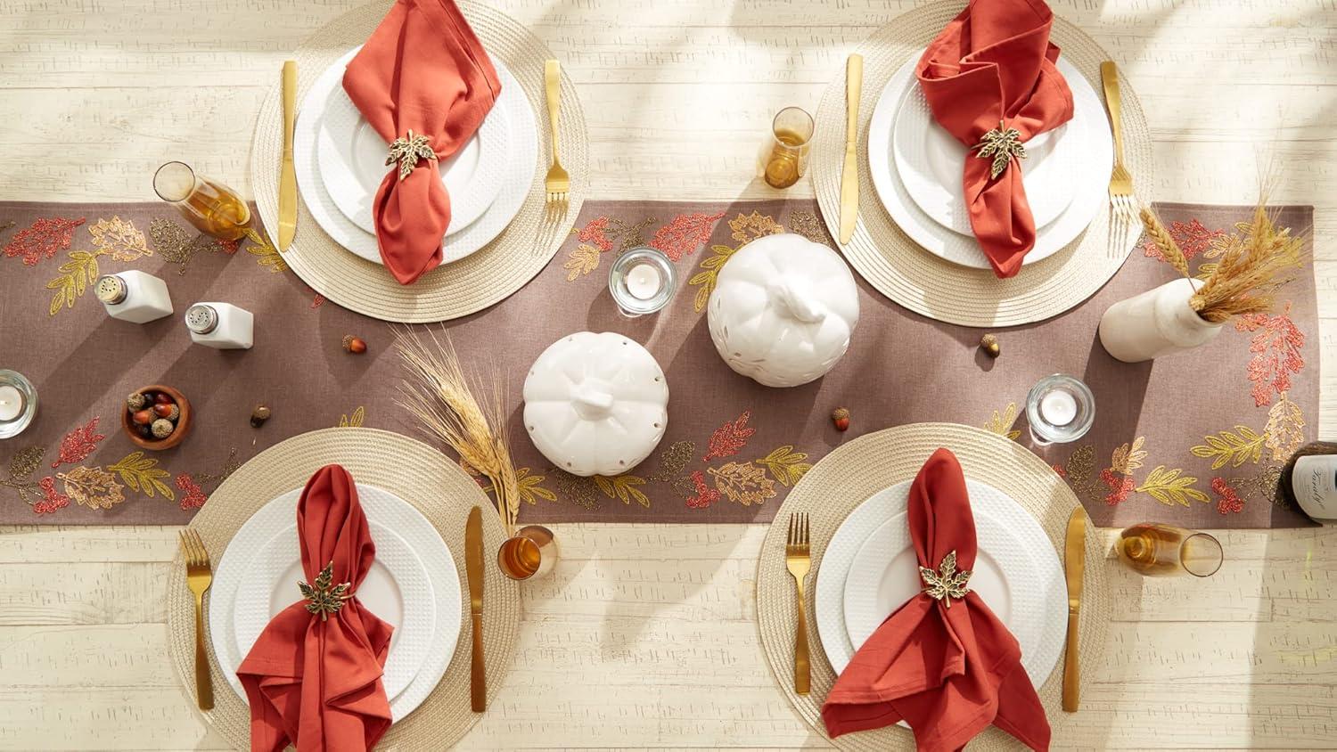 DII 70x14" Polyester Fabric Shimmering Leaves Embroidered Table Runner in Brown