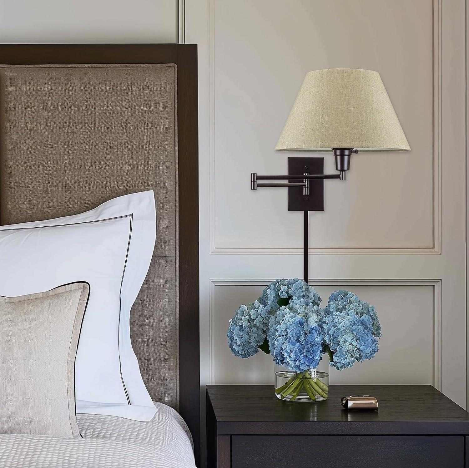 Kira Home Cambridge 13" Swing Arm Wall Lamp - Plug In/Wall Mount, Latte Mocha Fabric Shade, 150W 3-Way, Cord Covers