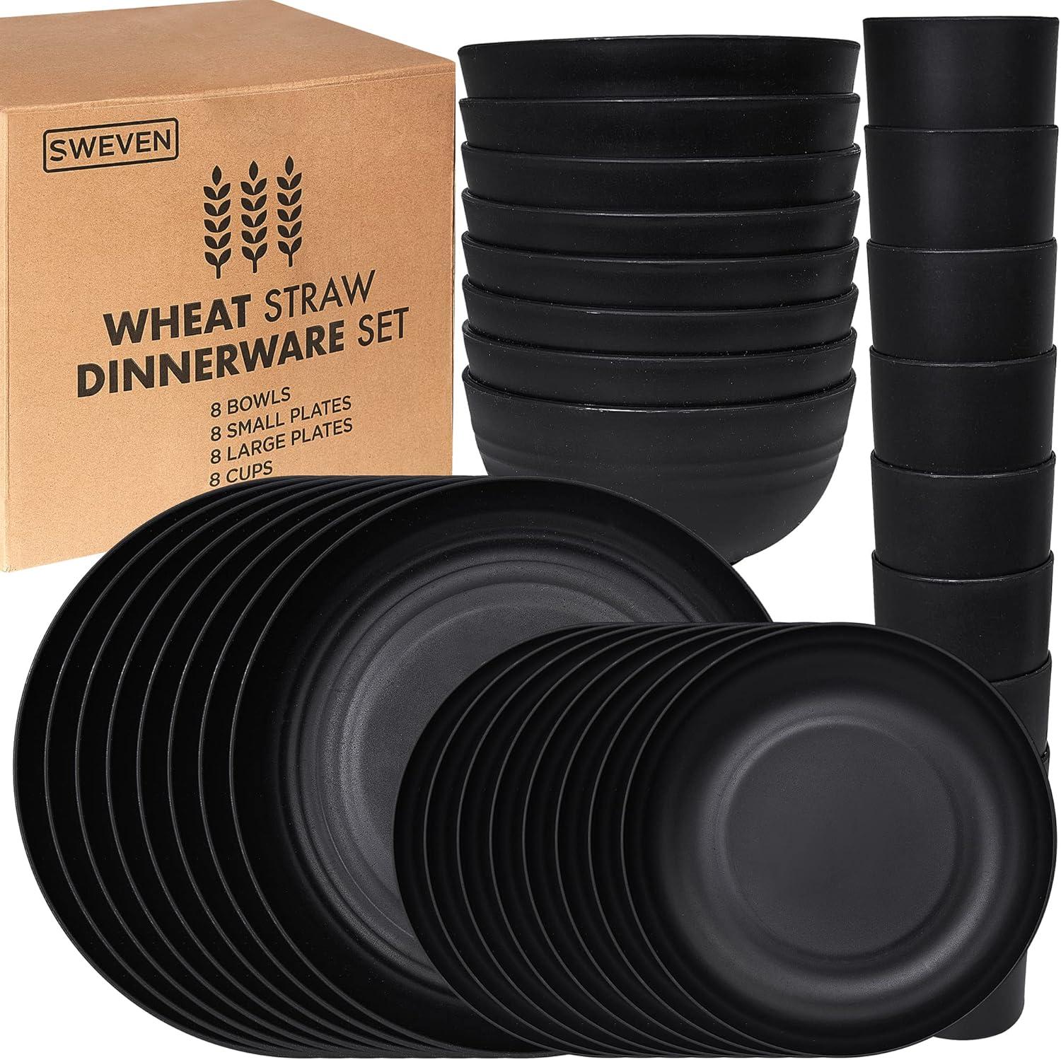 32 Pcs Wheat Straw Dinnerware Sets,Plastic Plates and Bowls Sets for 8,Unbreakable Dinnerware Set,Reusable Lightweight Black Dish Set for Kitchen,Camping,Party,RV,Dishwasher Microwave Safe