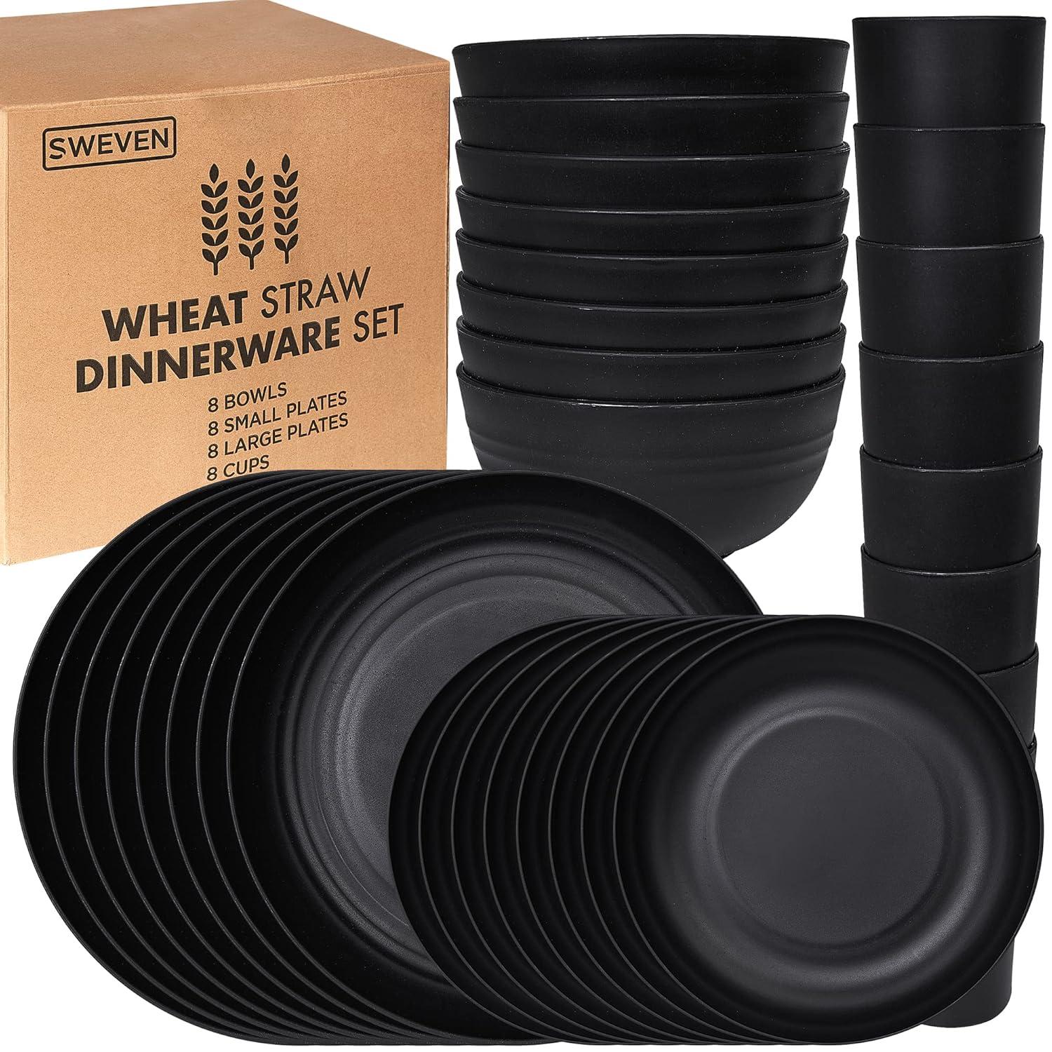 32 Pcs Wheat Straw Dinnerware Sets,Plastic Plates and Bowls Sets for 8,Unbreakable Dinnerware Set,Reusable Lightweight Black Dish Set for Kitchen,Camping,Party,RV,Dishwasher Microwave Safe