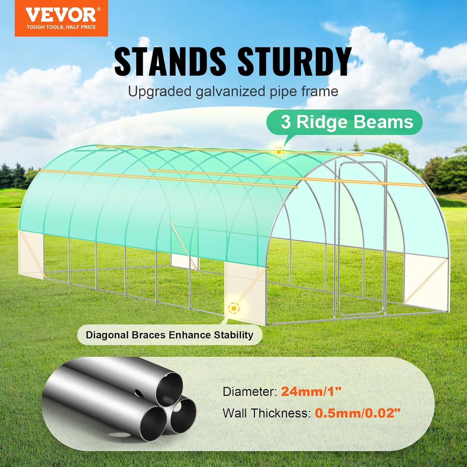 VEVOR Walk-in Tunnel Greenhouse, 27.4x9.5x7.4 ft Hoop House Greenhouse Tunnel, Plant Hot House with Galvanized Steel Frame, Green PE Cover, Swing Door and 16 Roll-up Windows for Outdoor