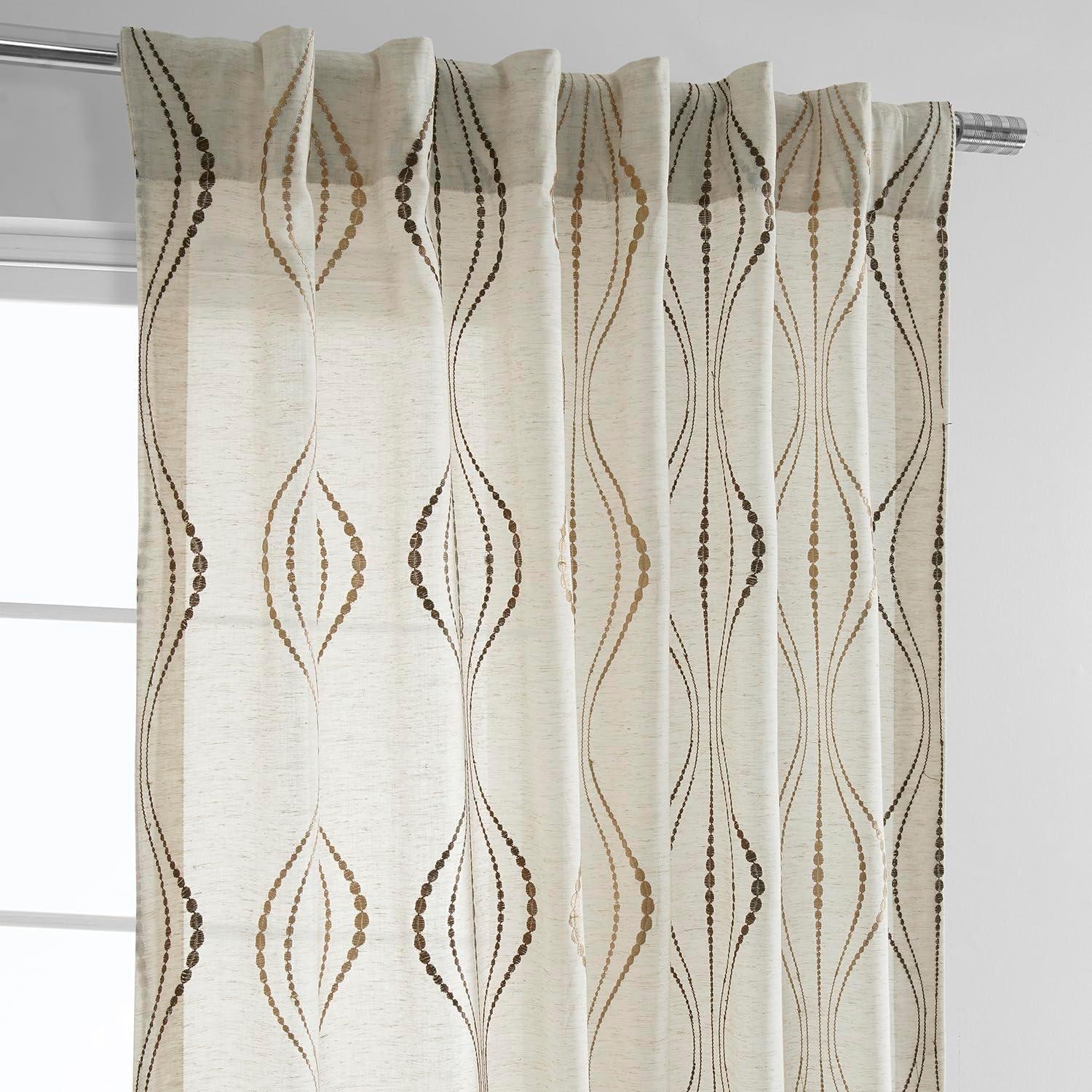 Suez Bronze Embroidered Faux Linen Sheer Curtain (1 Panel), Suez Bronze, 50W X 96L