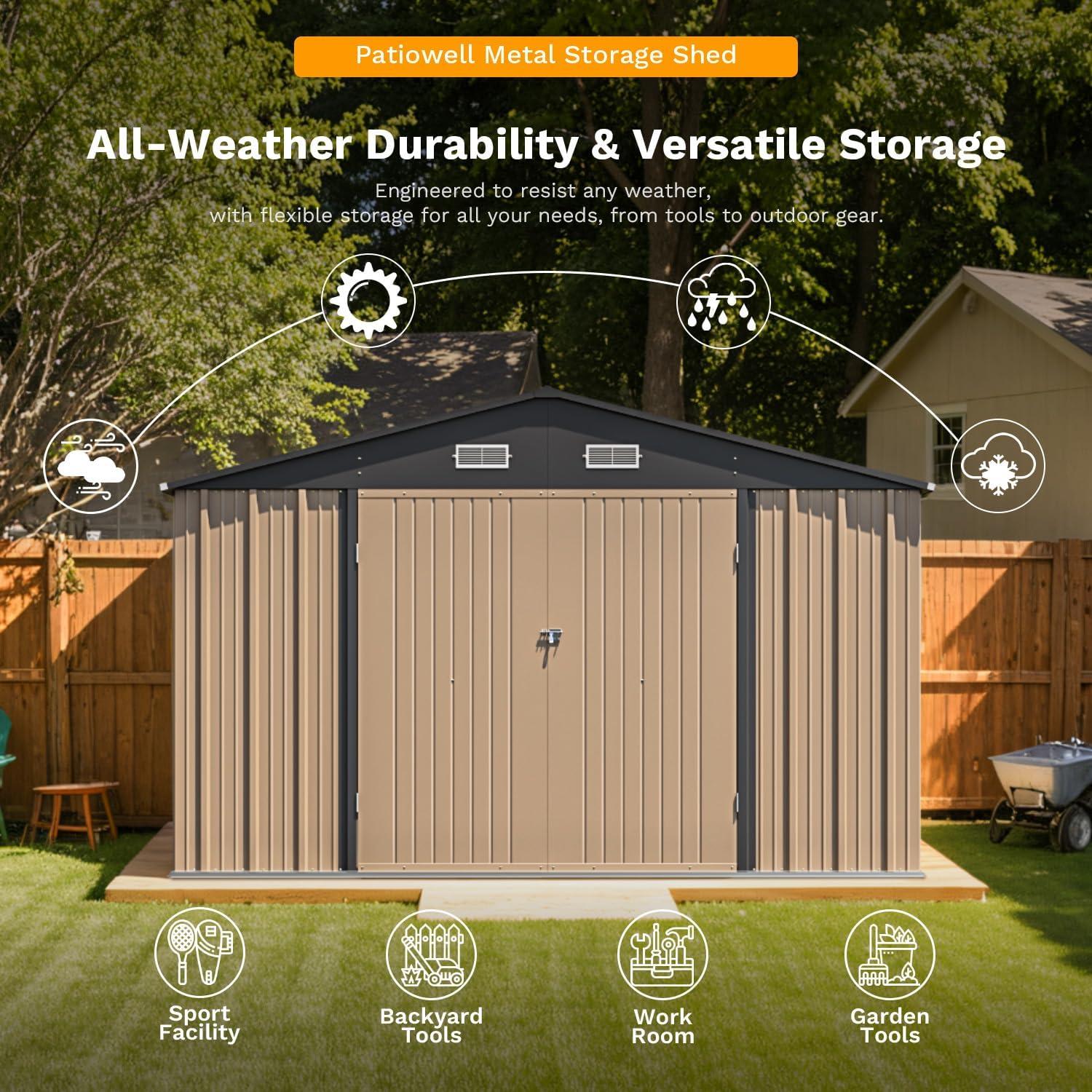 10' x 12' Brown Metal Outdoor Storage Shed with Floor Frame