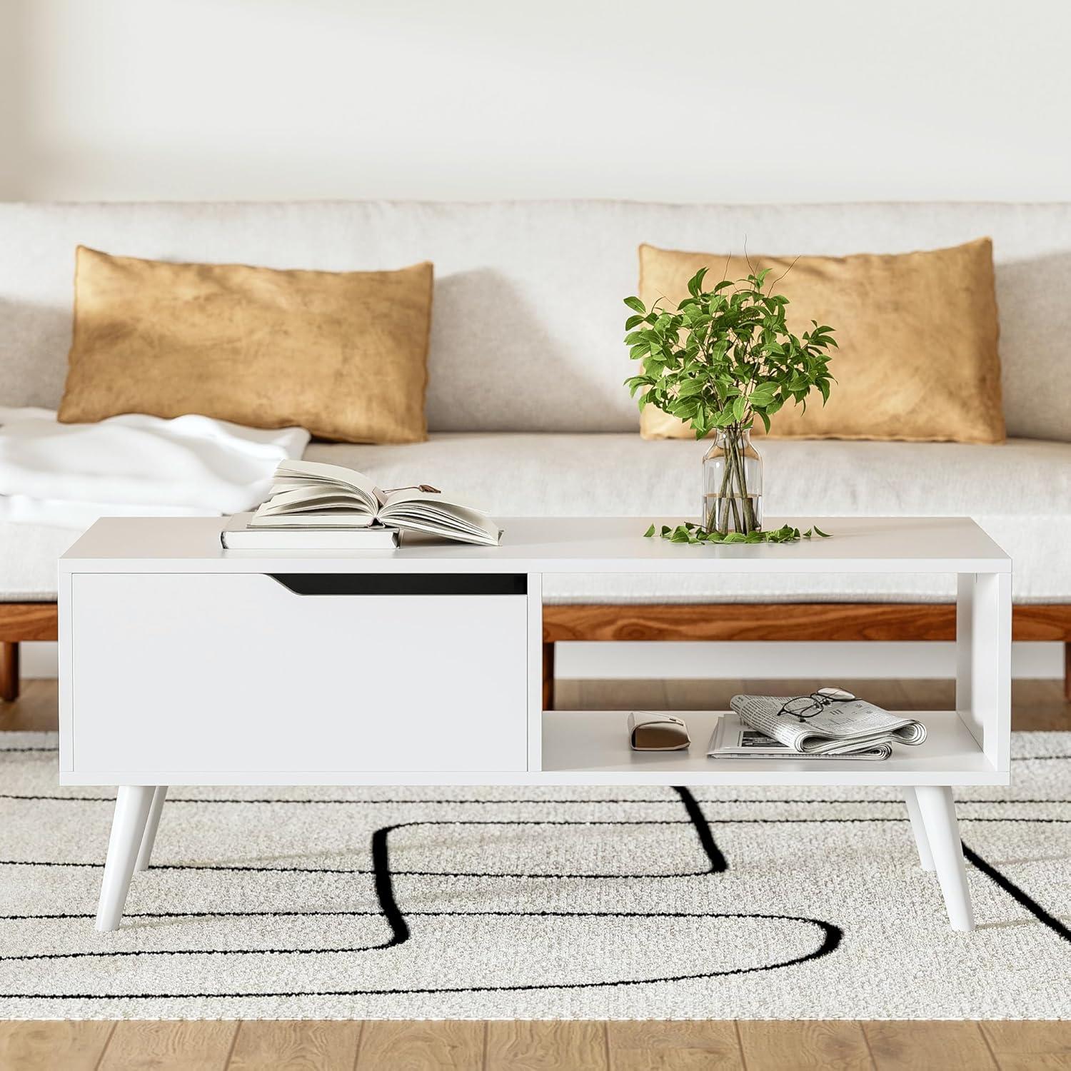 White Mid Century Modern Coffee Table with Drawer & Shelf, 39'' Wooden