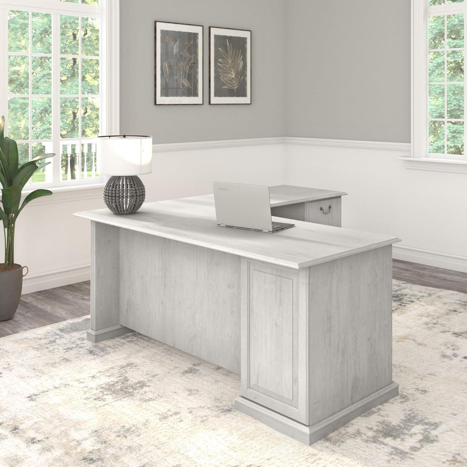 Bush Furniture Saratoga L Shaped Computer Desk with Drawers in Linen White