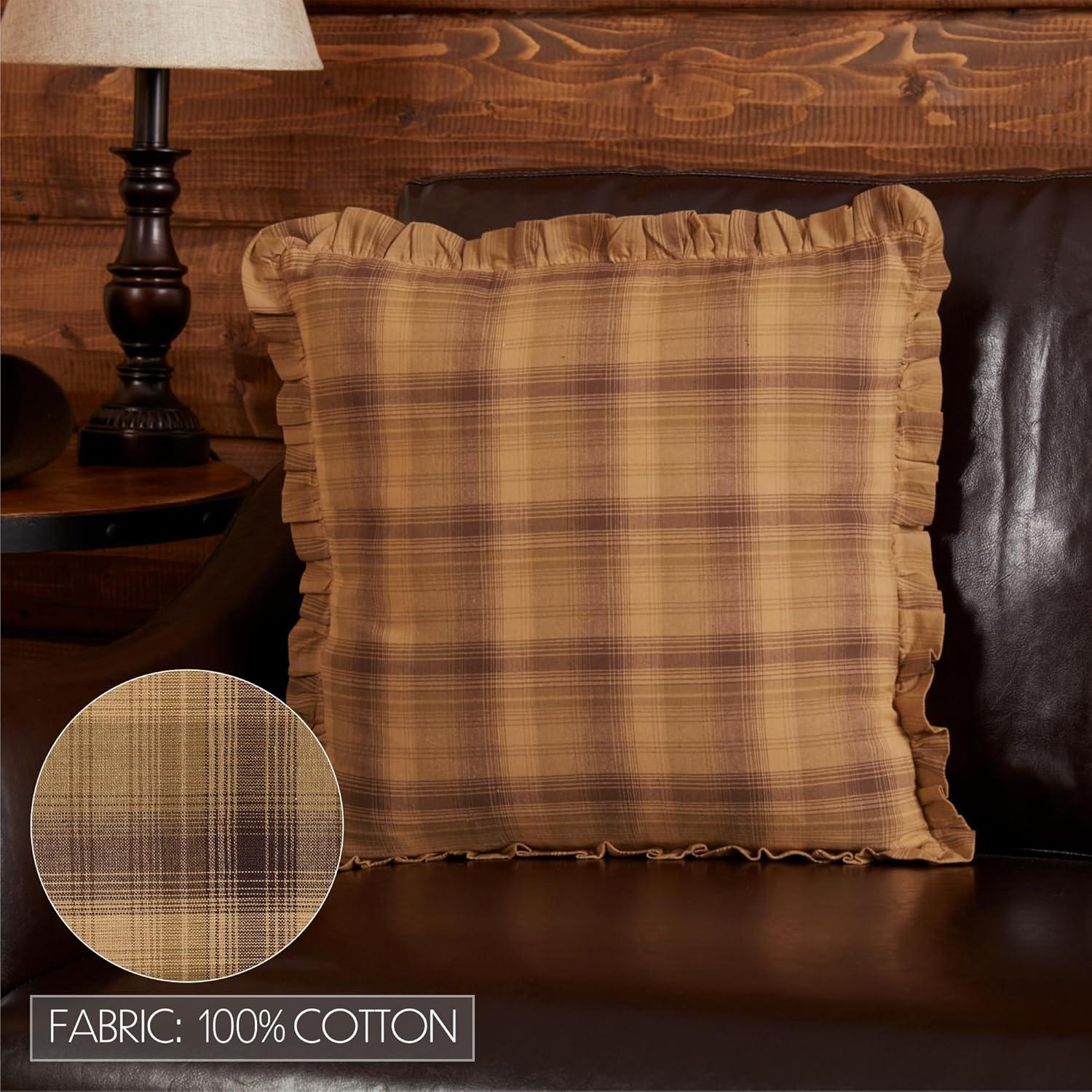 Prescott Tan and Brown Plaid Cotton Ruffled Square Pillow 16x16