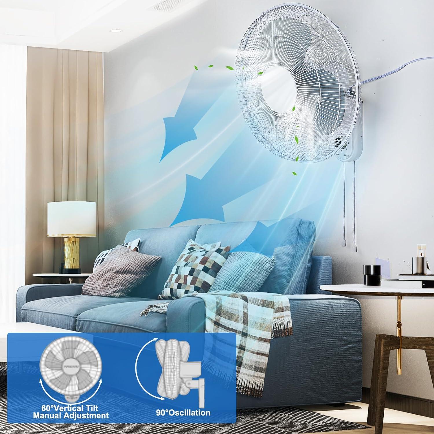 Aottop 16-Inch White Wall Mount Fan with Pull Chain and Knob Control, 2-Pack | 3 Speeds,Oscillating,Ideal for Bedroom, Living Room, and Office