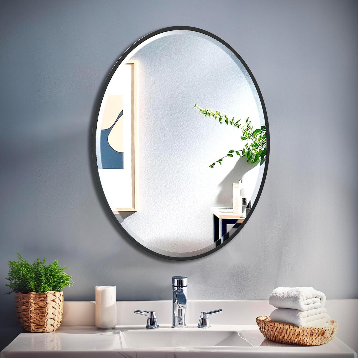 Flush Mount Framed Bathroom Vanity Mirror | Oval Framed Wall Mirror with Beveled Edge | Decorative Wall Mirror for Bathroom, Bedroom, Hallway, Entryway